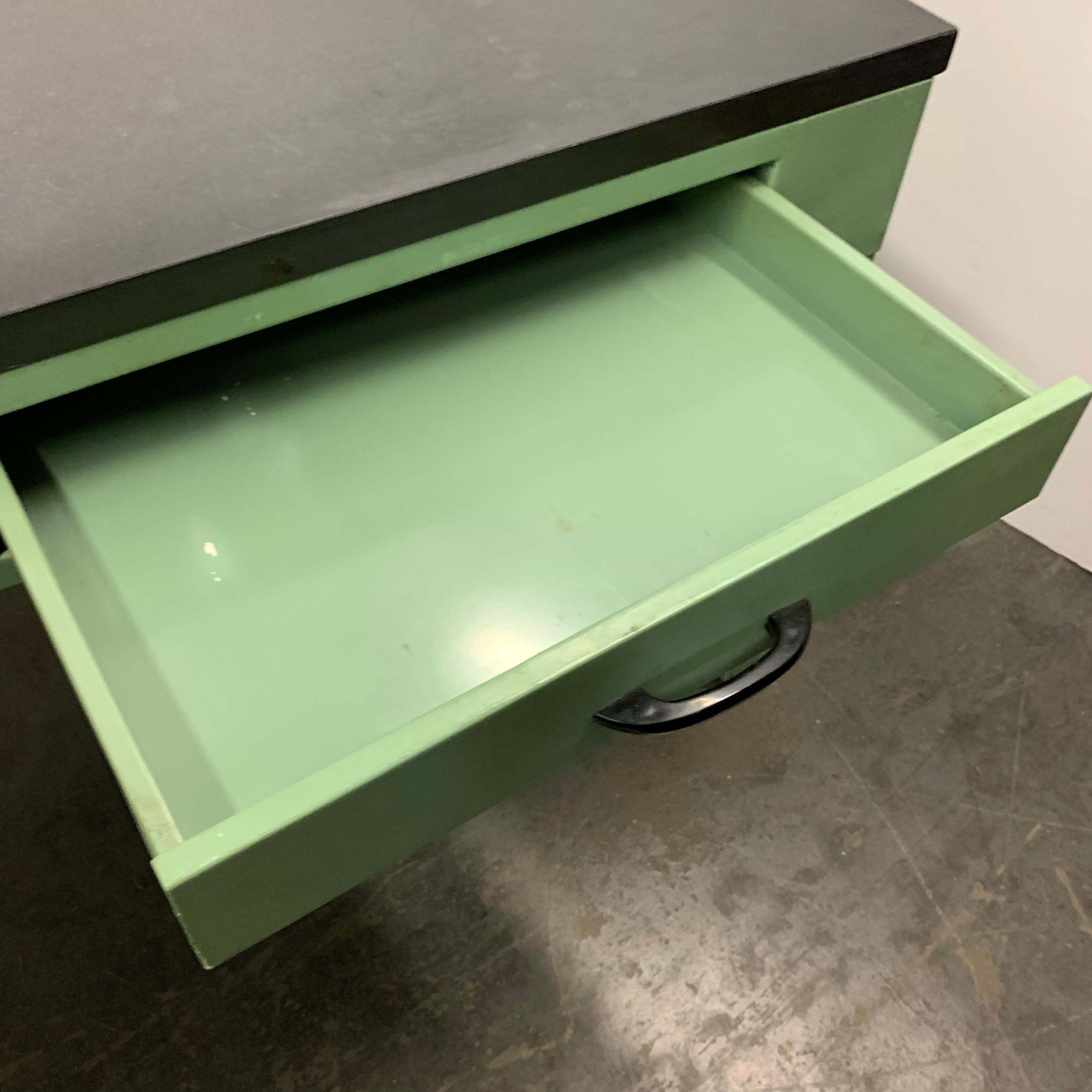 American Mid Century Green Painted Industrial Black Slate Top Two-Drawer Desk 11
