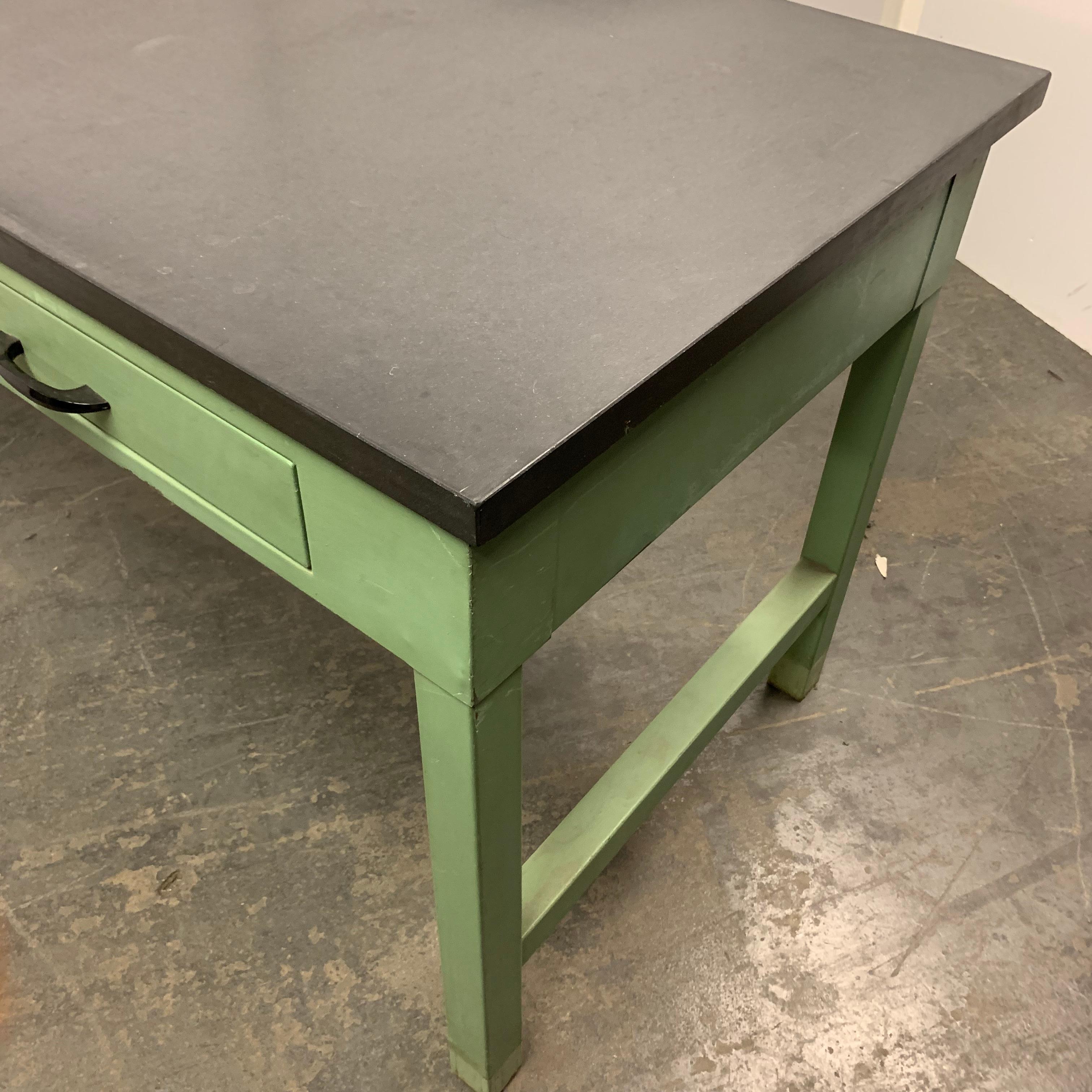 American Mid Century Green Painted Industrial Black Slate Top Two-Drawer Desk 12