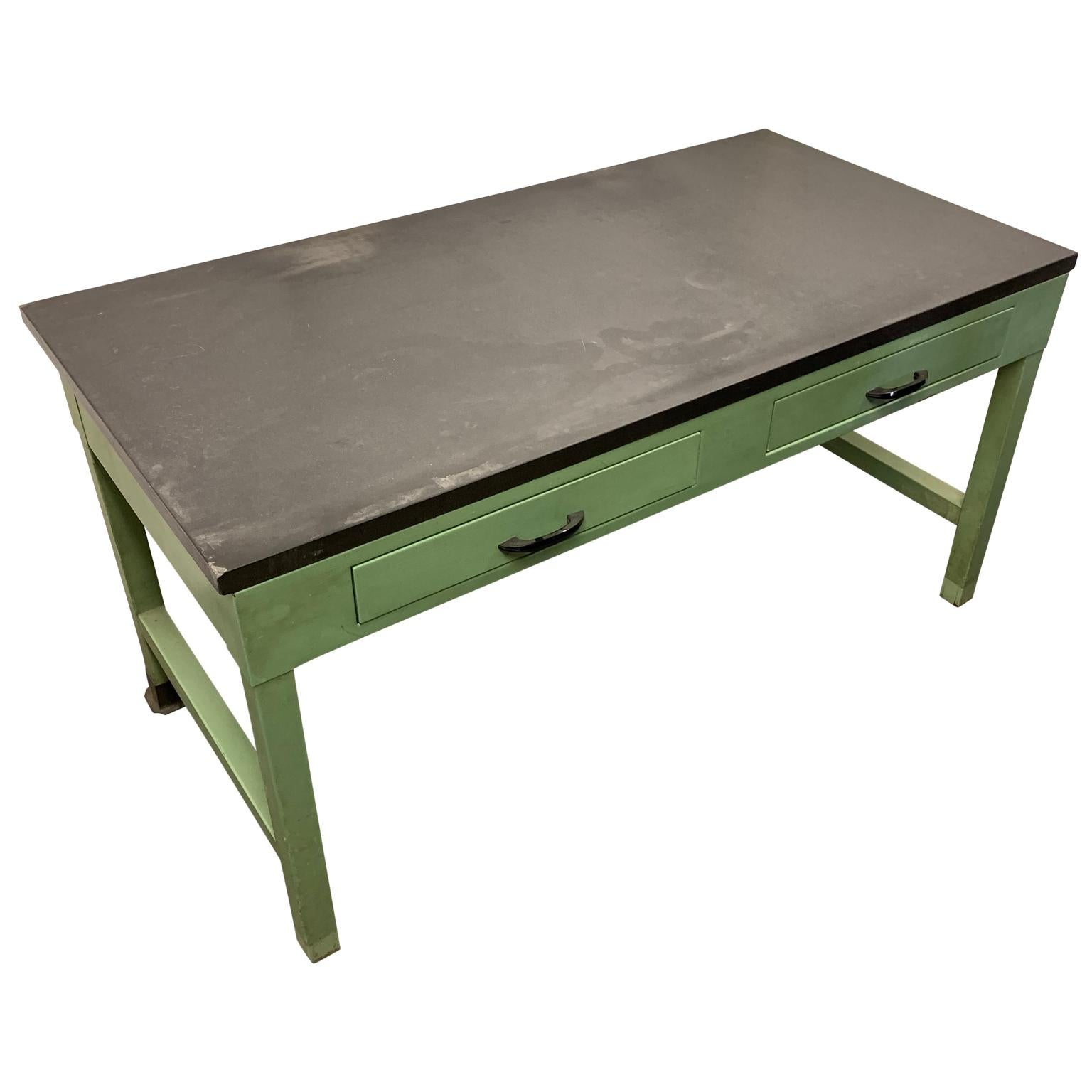 American Mid Century Green Painted Industrial Black Slate Top Two-Drawer Desk In Good Condition In Haddonfield, NJ