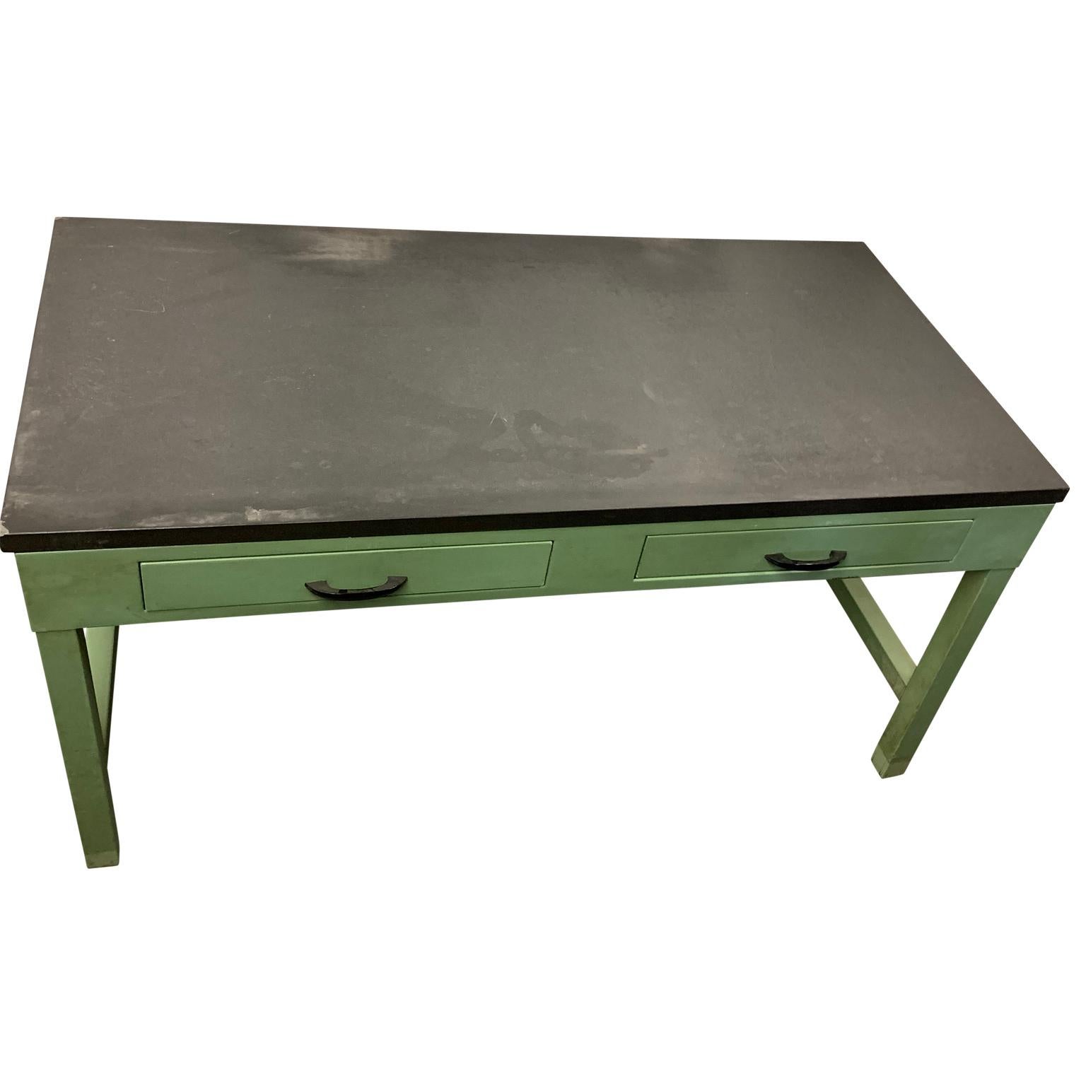 Mid-20th Century American Mid Century Green Painted Industrial Black Slate Top Two-Drawer Desk