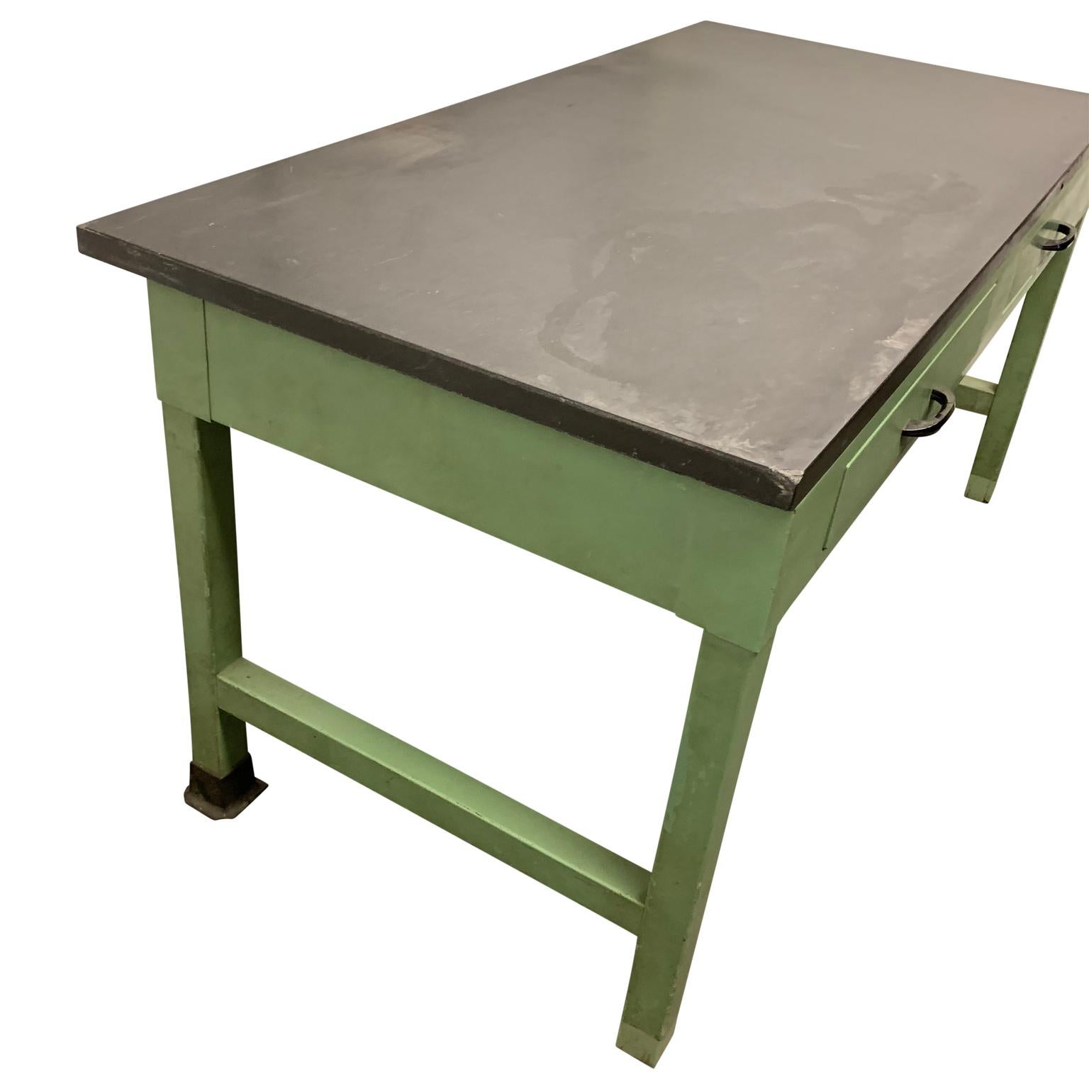 Iron American Mid Century Green Painted Industrial Black Slate Top Two-Drawer Desk