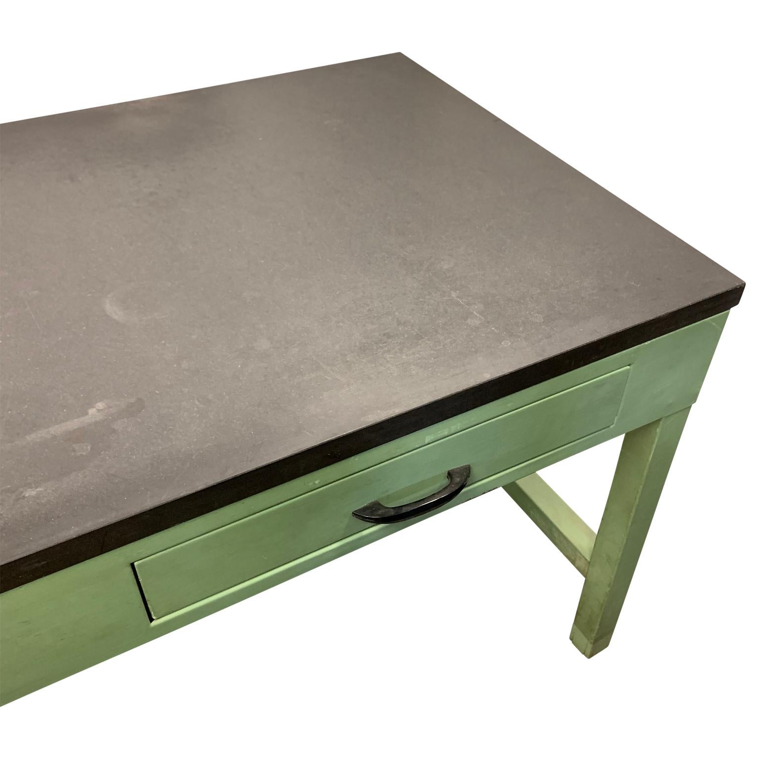American Mid Century Green Painted Industrial Black Slate Top Two-Drawer Desk 1