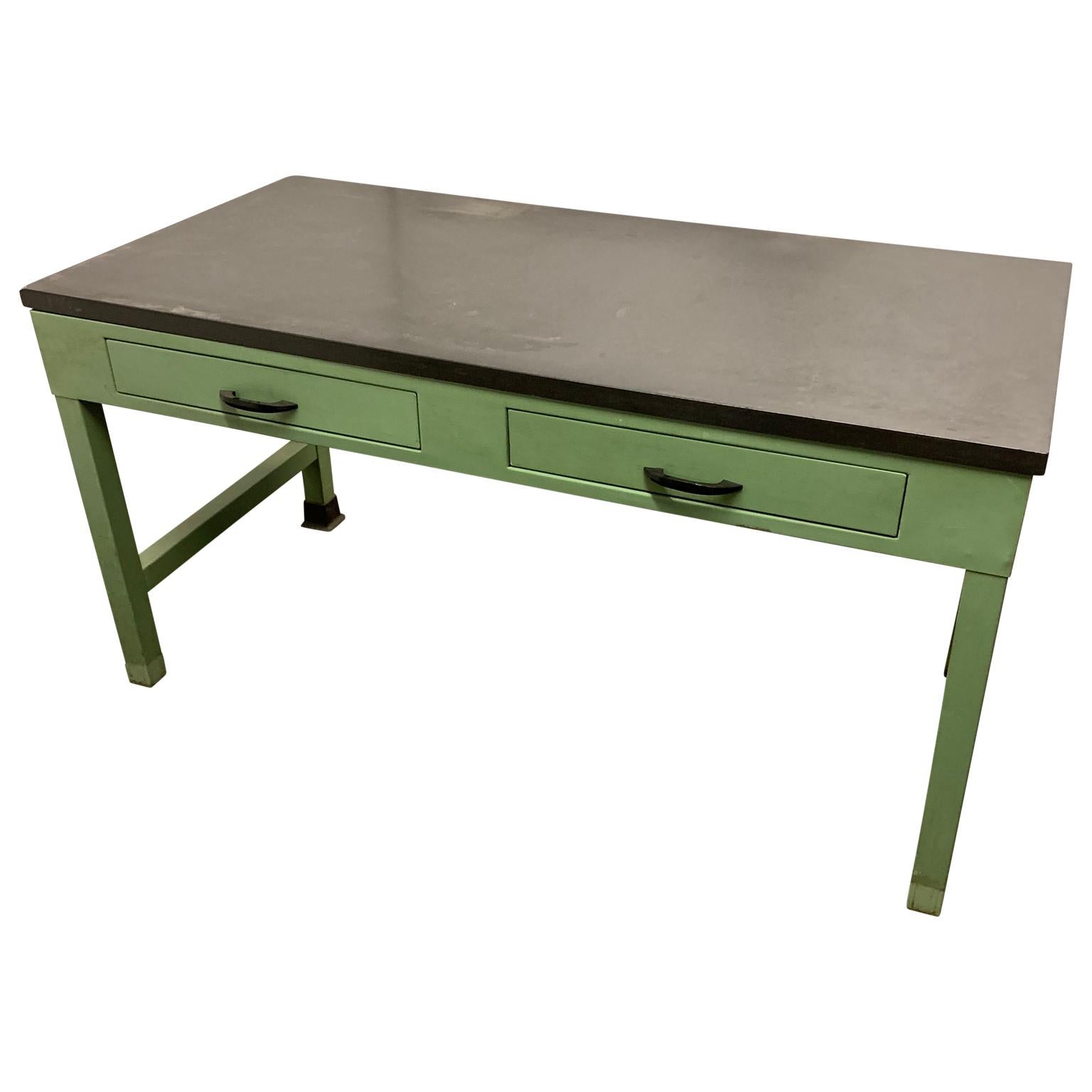 American Mid Century Green Painted Industrial Black Slate Top Two-Drawer Desk 2