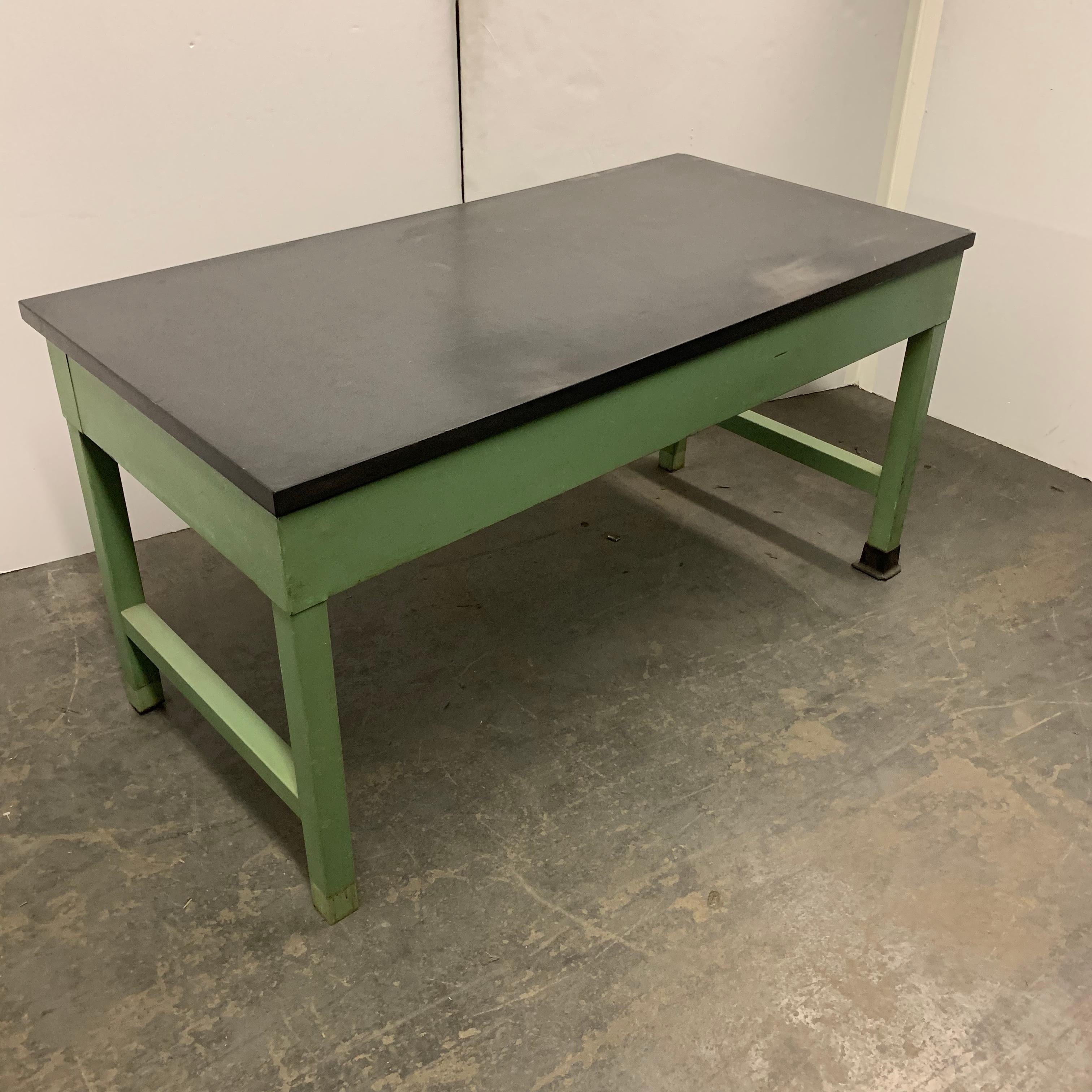 American Mid Century Green Painted Industrial Black Slate Top Two-Drawer Desk 3