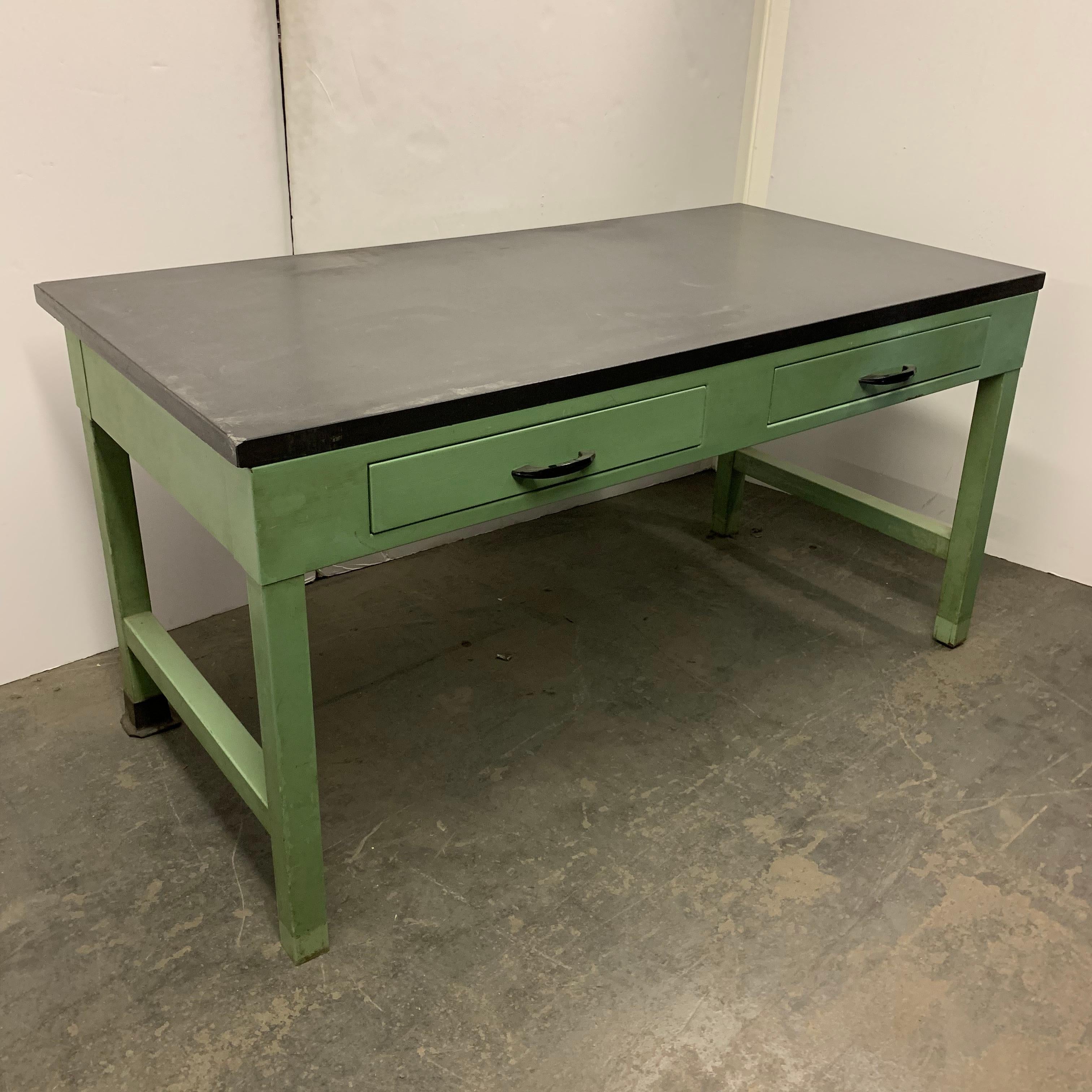 American Mid Century Green Painted Industrial Black Slate Top Two-Drawer Desk 4