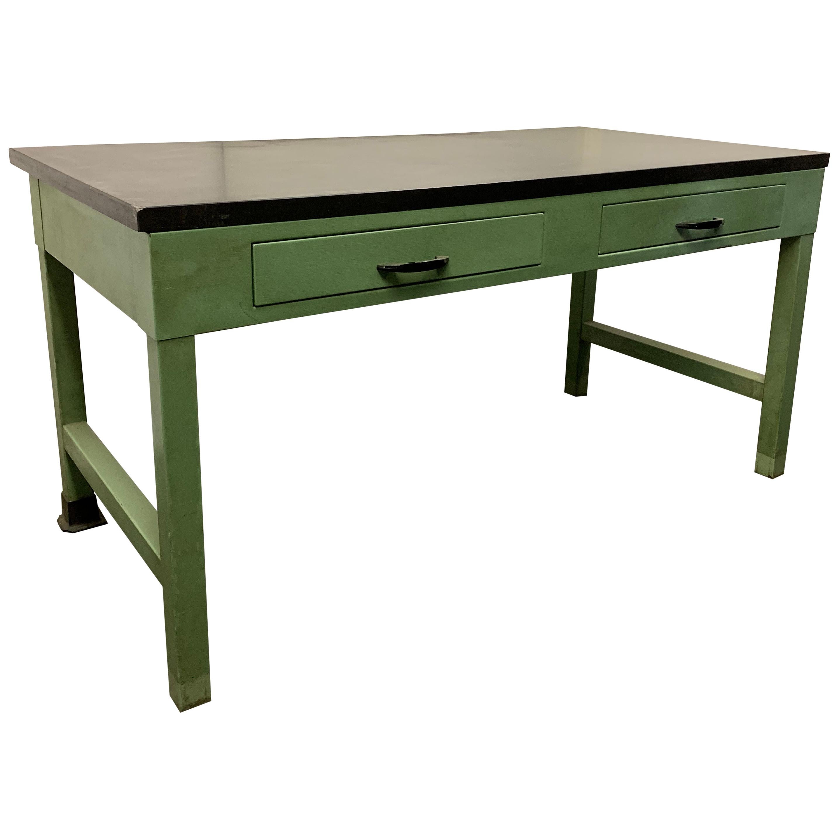 American Mid Century Green Painted Industrial Black Slate Top Two-Drawer Desk