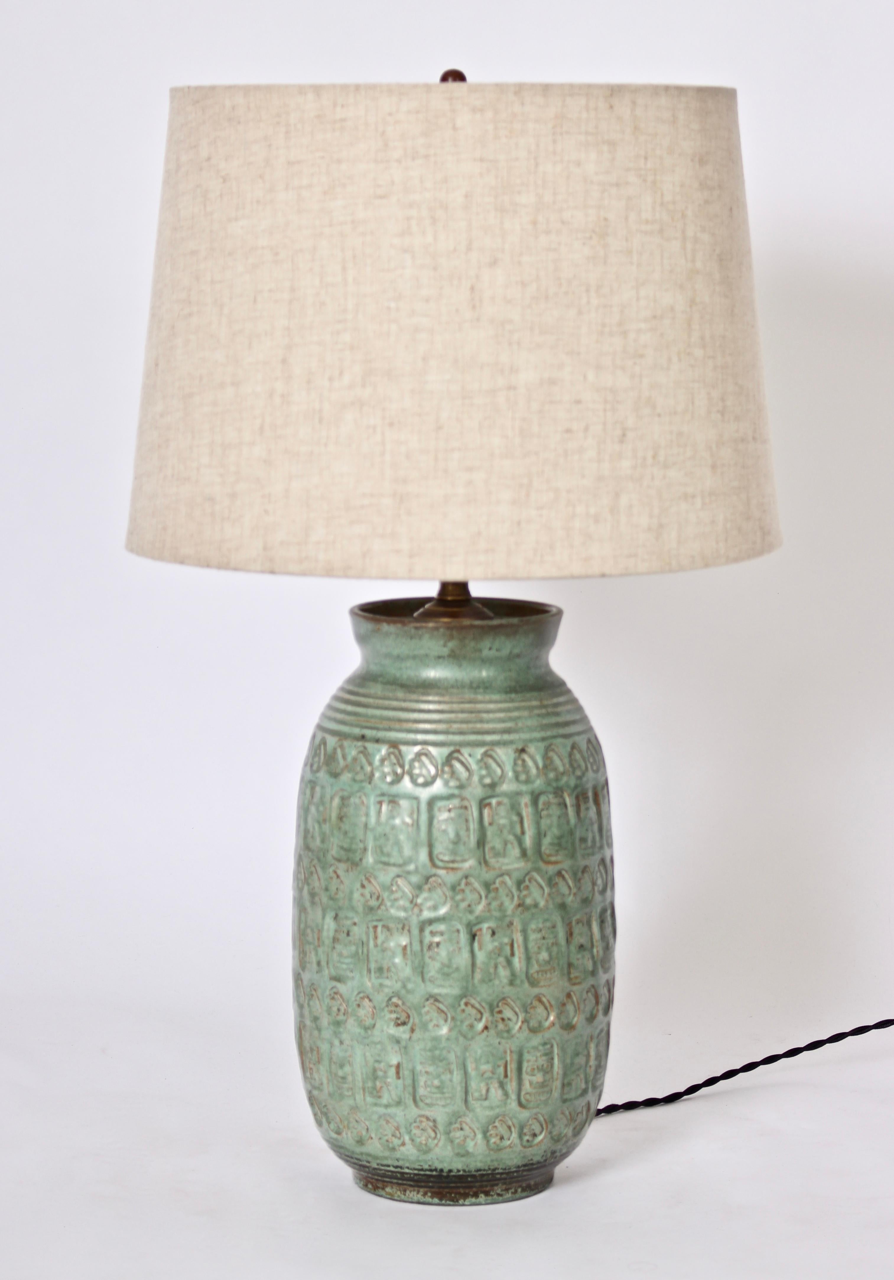 American Midcentury Hand Imprinted Art Pottery Table Lamp in Celadon, circa 1960 2