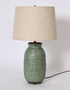 American Midcentury Hand Imprinted Art Pottery Table Lamp in Celadon, circa 1960