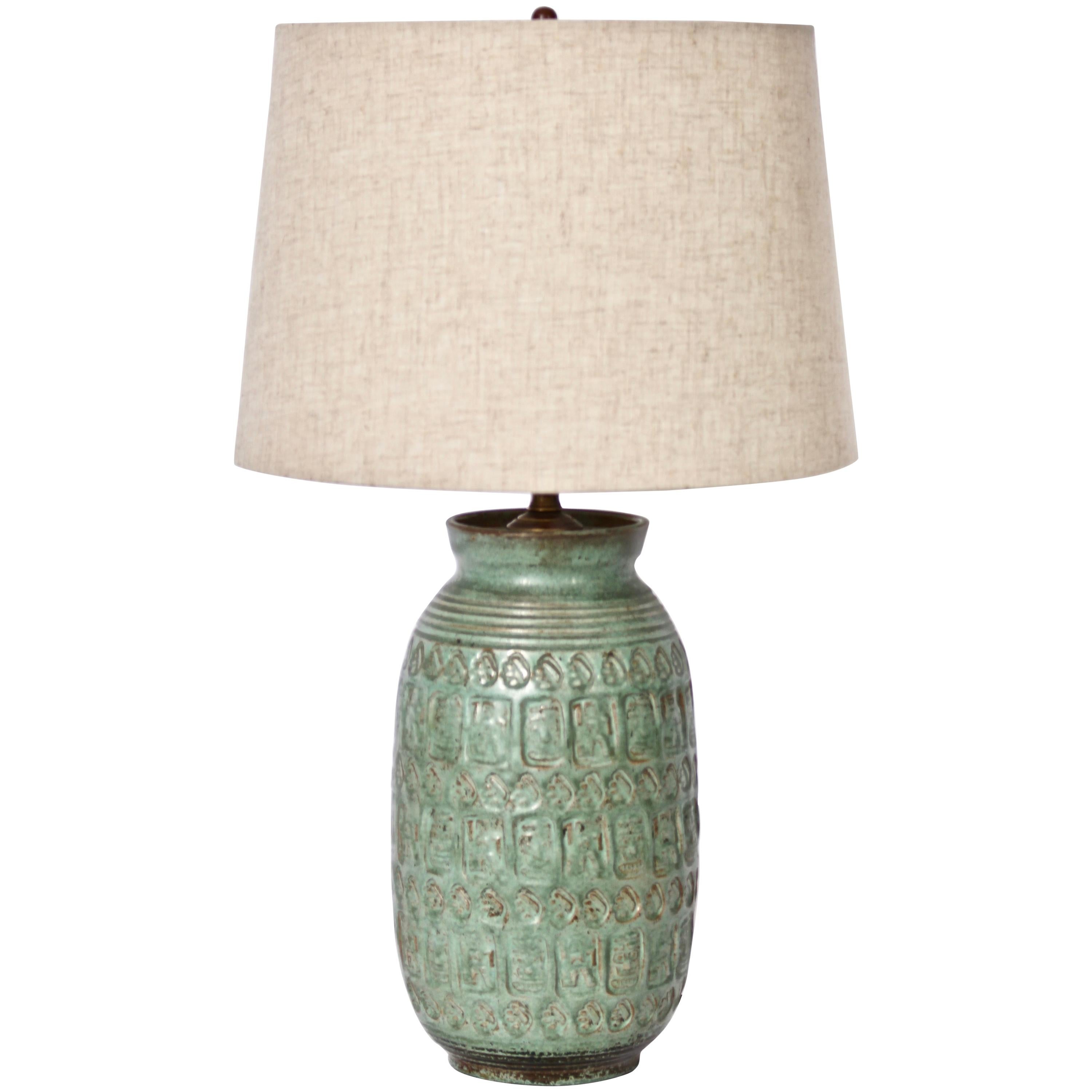 American Midcentury Hand Imprinted Art Pottery Table Lamp in Celadon, circa 1960