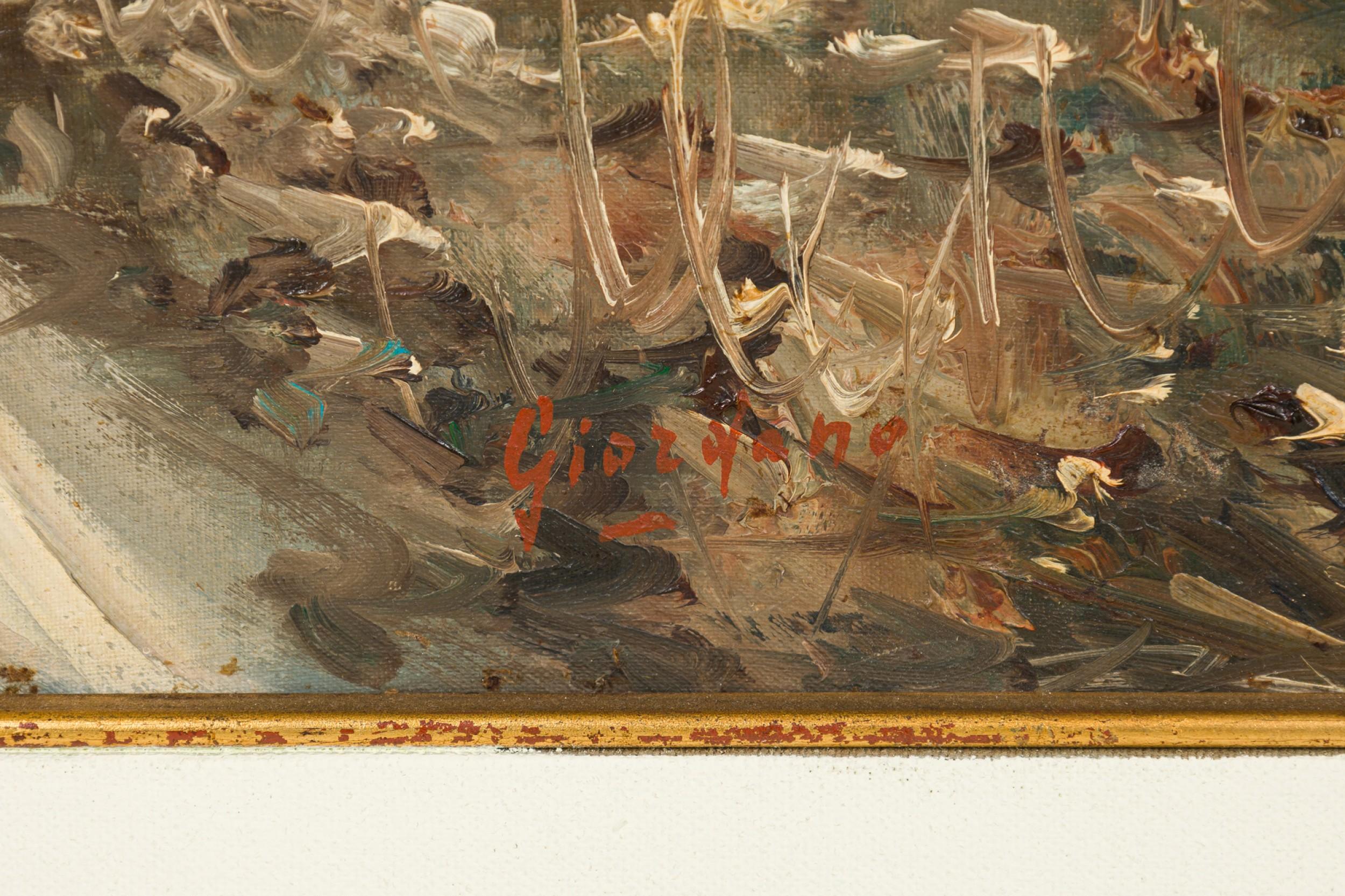 Quadro di paesaggio invernale della metà del secolo scorso in stile impressionista, raffigurante un uomo e un cavallo che camminano lungo un sentiero innevato vicino a un palo del telefono verso una casa, con cornice dorata (firmato: GIORDANO)