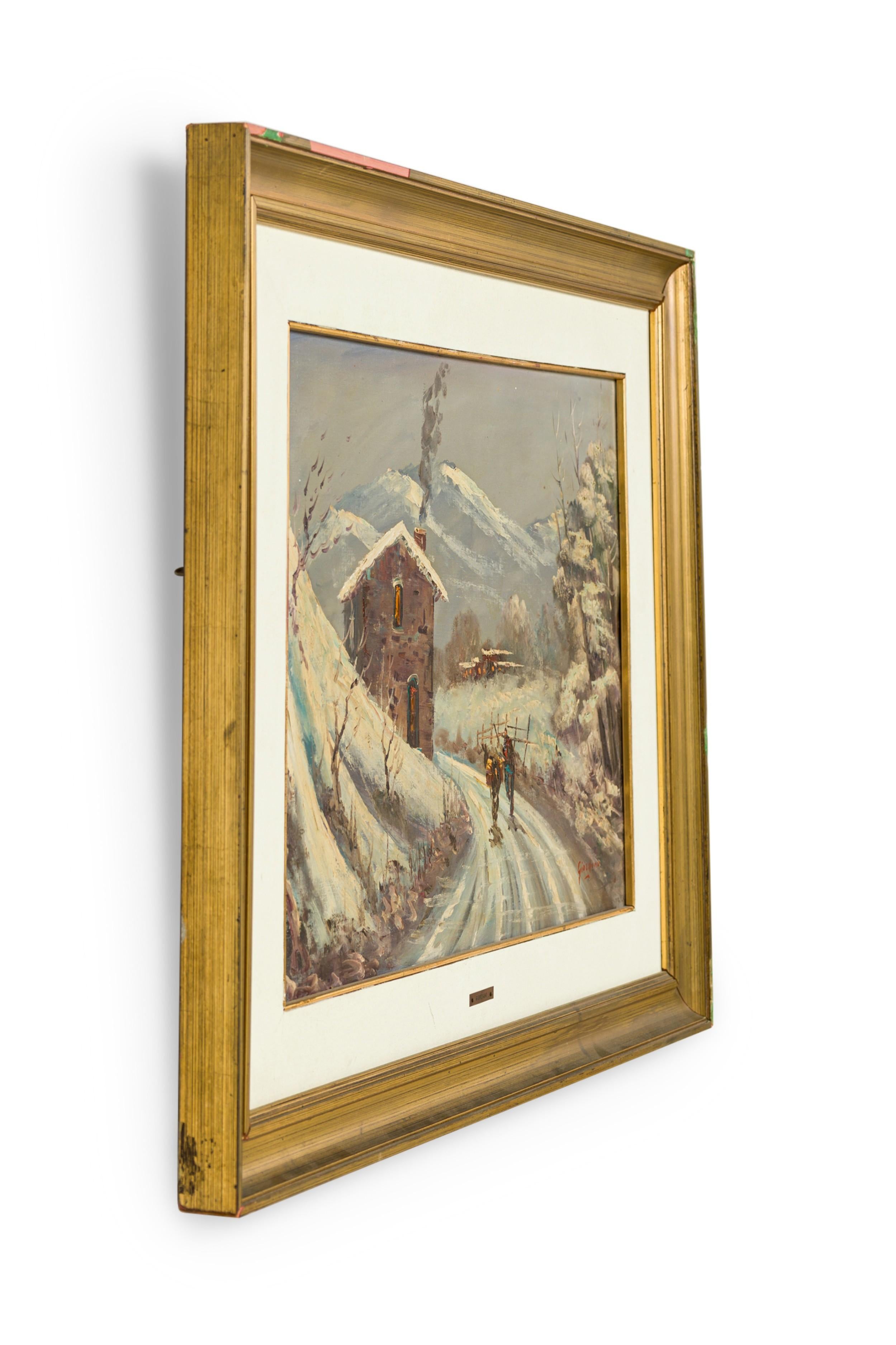 Quadro di paesaggio invernale in stile impressionista della metà del secolo, raffigurante due persone che camminano lungo un sentiero innevato verso una casa, in una cornice dorata (firmato: GIORDANO)