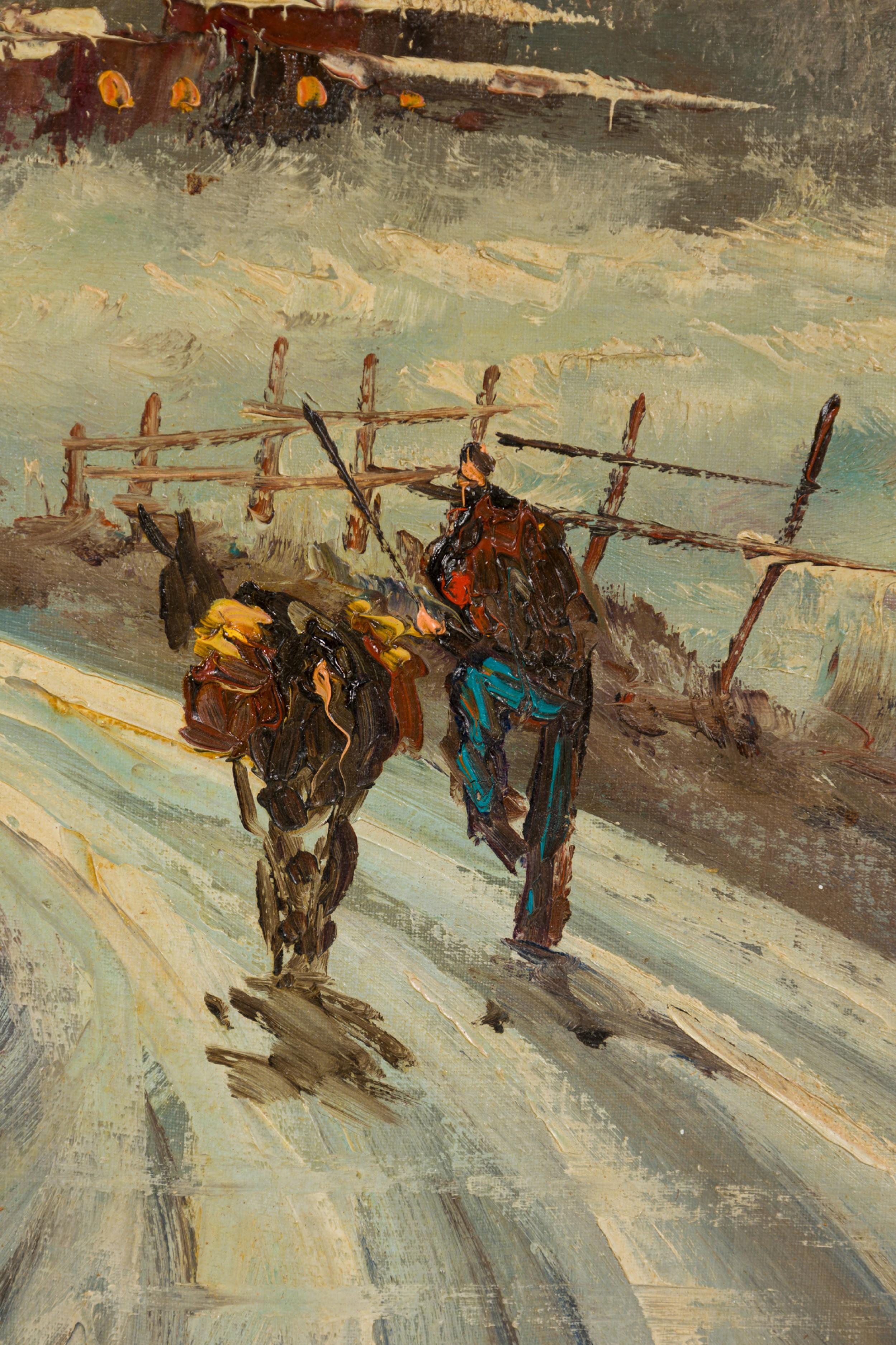 Dipinto a mano Quadro di paesaggio invernale in stile impressionista americano della metà del secolo scorso in vendita