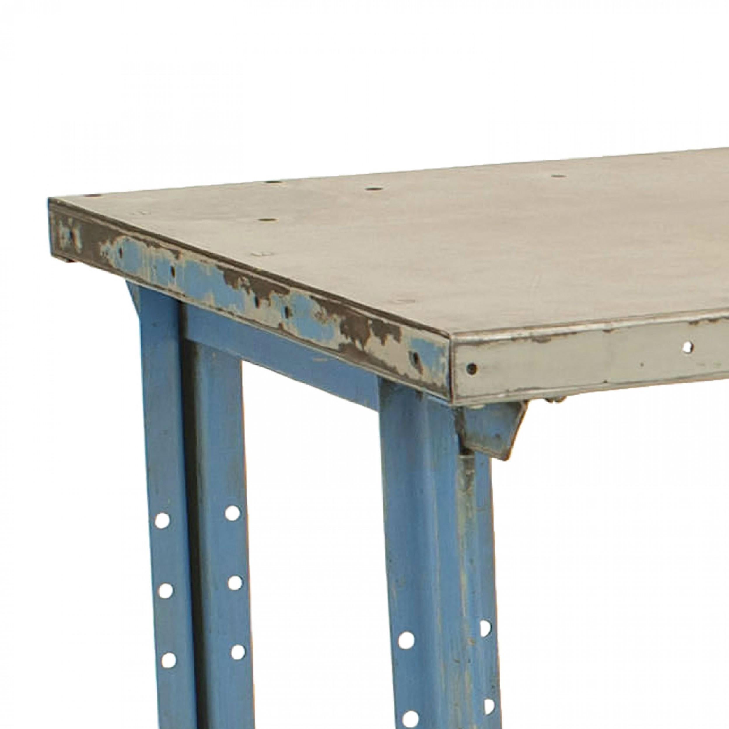 American Mid-Century (1940's) Industrial steel work table with blue painted trimmed side supports.
