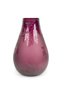 American Mid-Century Large Red Glass Vase With Leaf Designs