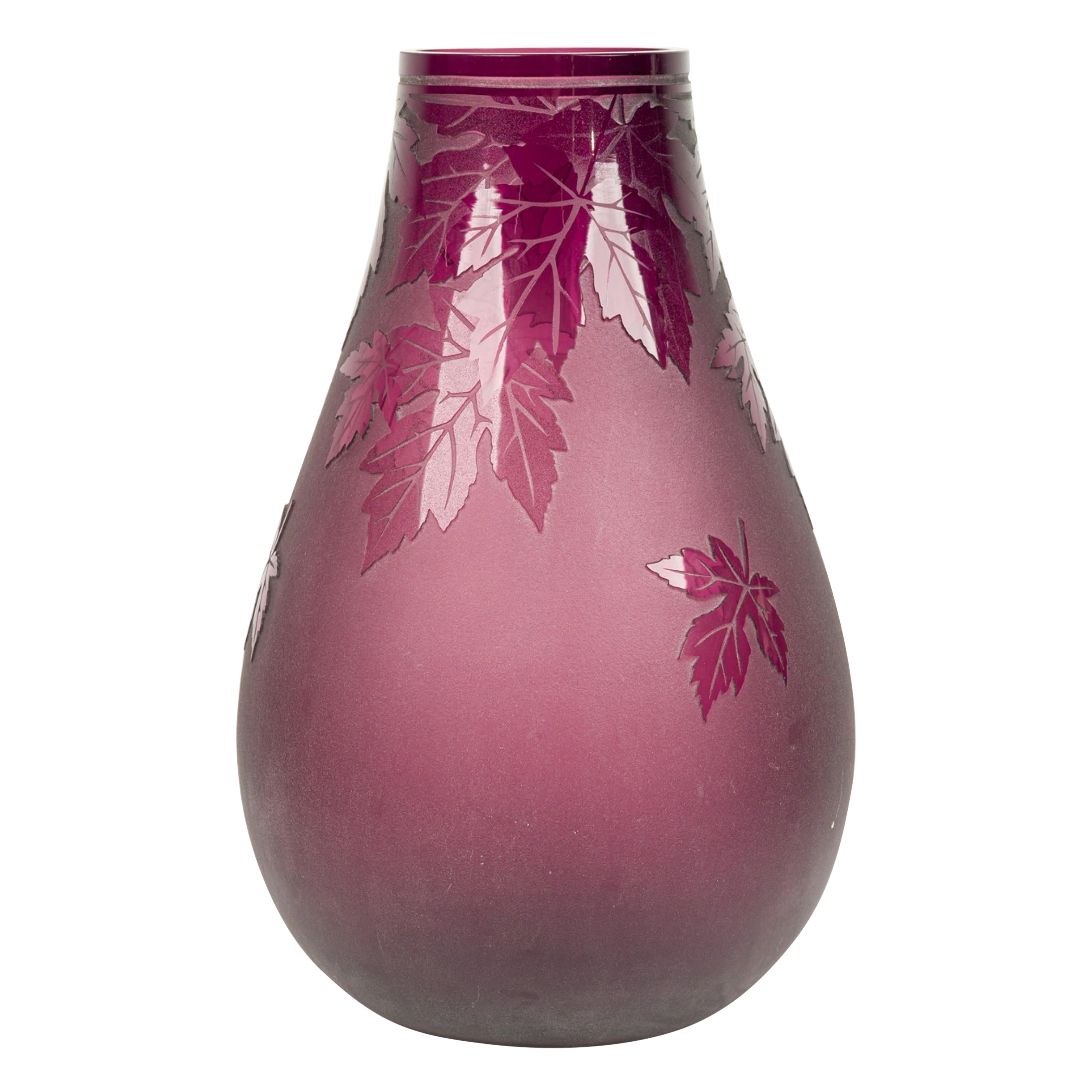 American Mid-Century Large Red Glass Vase With Leaf Designs