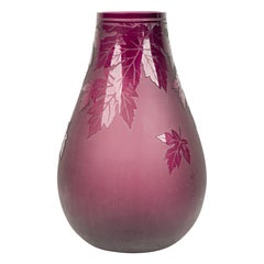 American Mid-Century Large Red Glass Vase With Leaf Designs