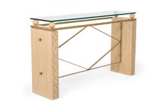 American Mid-Century Limed Oak, Iron and Glass Carved Console Table