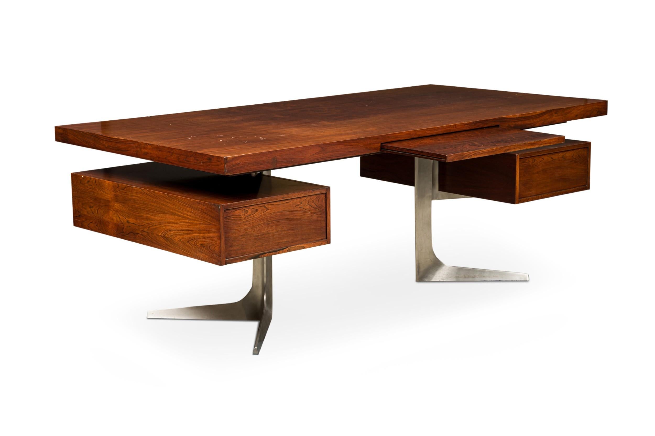 Wood American Mid-Century Maple Executive Desk with Stainless Steel Legs For Sale
