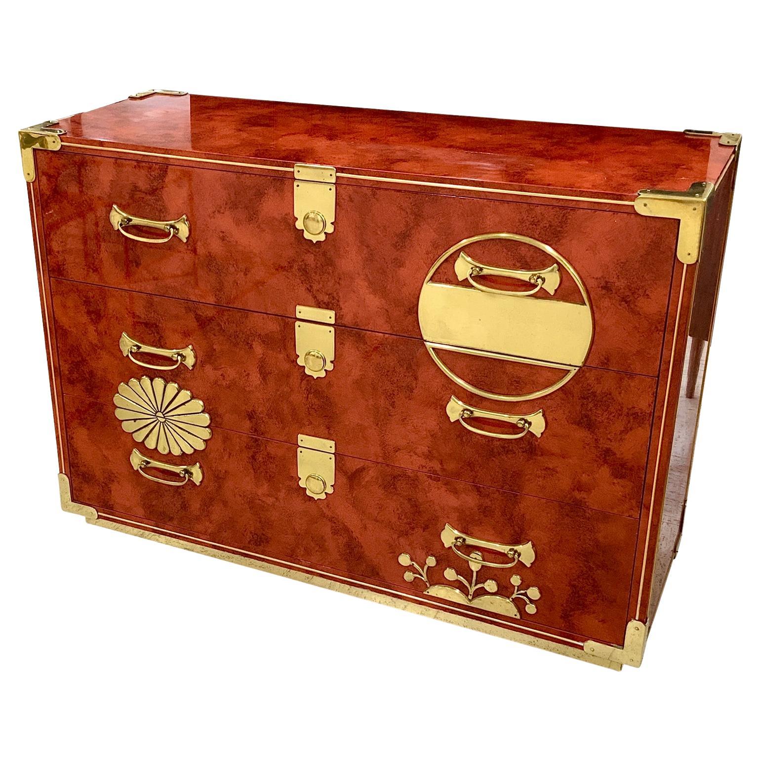 American Mid-Century Mastercraft Asian Modern Brass Chest of Drawers For Sale