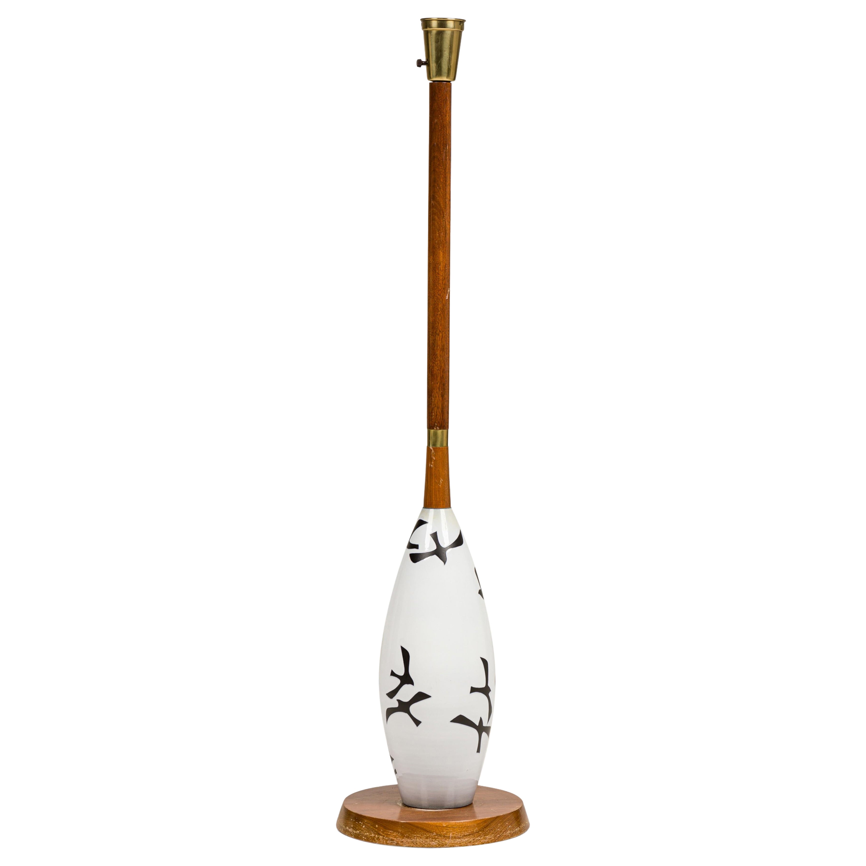 American Mid-Century Milk Glass and Wooden Stem Floor Lamp For Sale