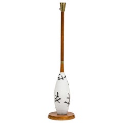 American Mid-Century Milk Glass and Wooden Stem Floor Lamp