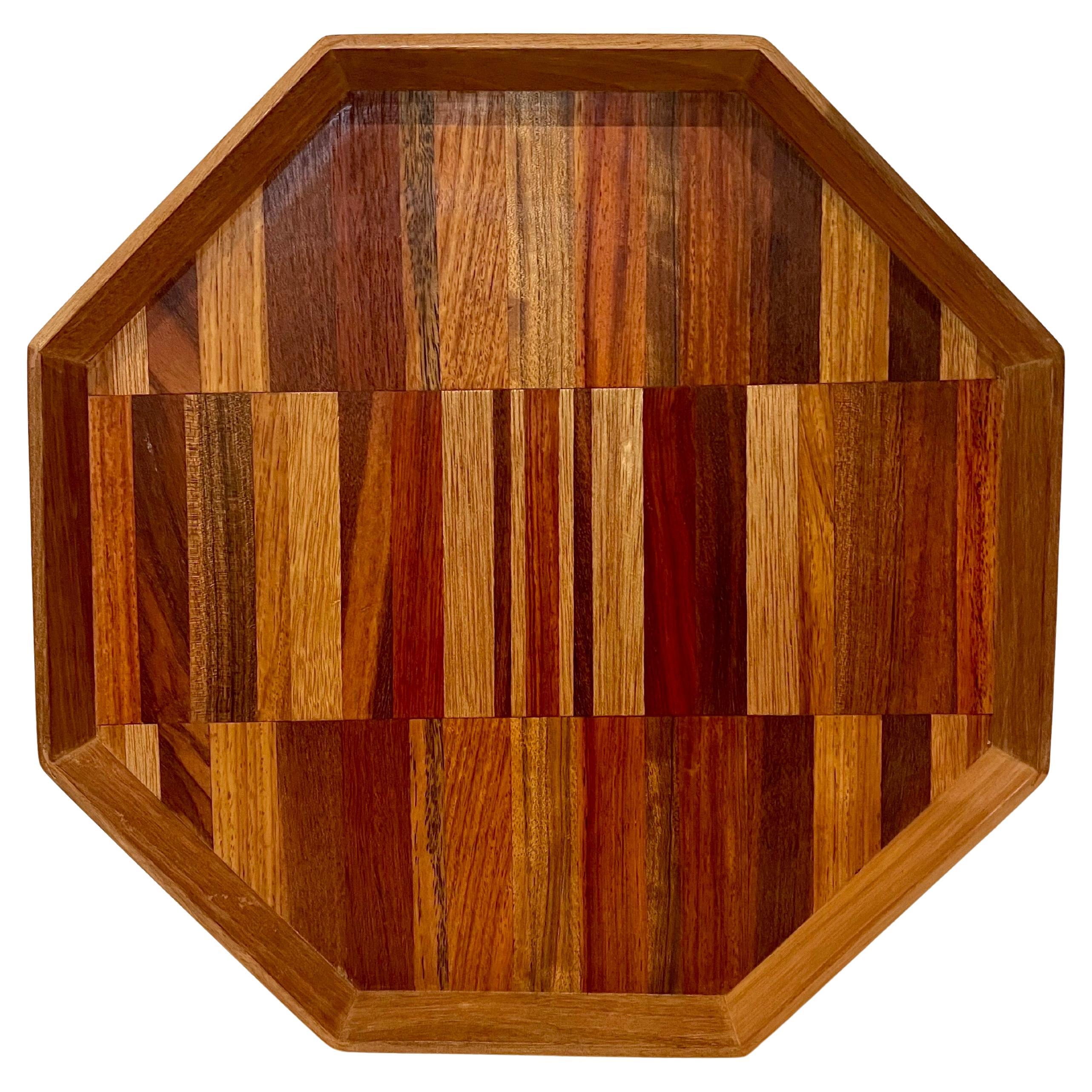 American Mid Century Mix Woods Handcrafted Octagonal Serving Tray For Sale