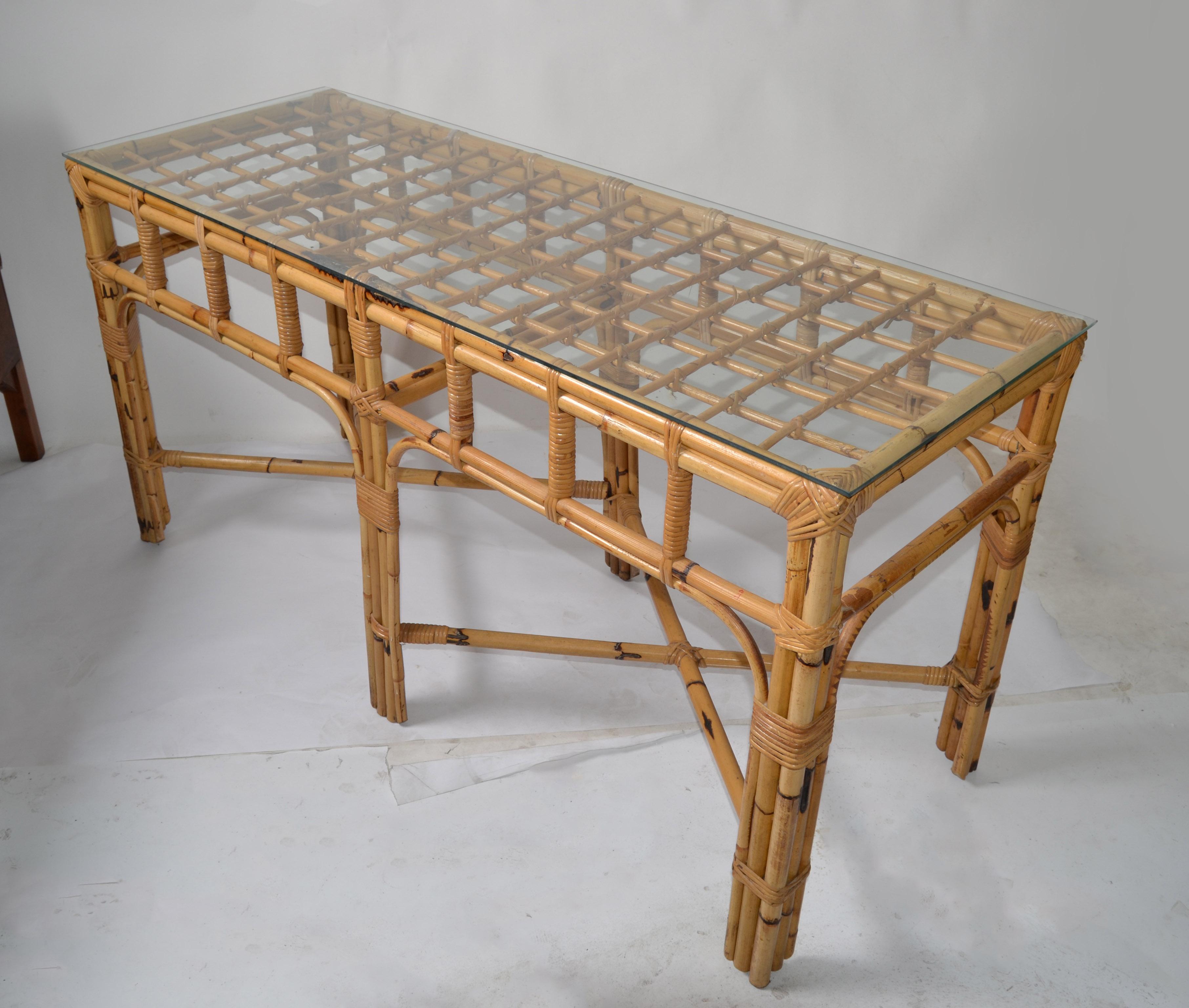 American Mid-Century Modern 6 Legs Bent Bamboo & Rattan Glass Top Console Table  For Sale 5