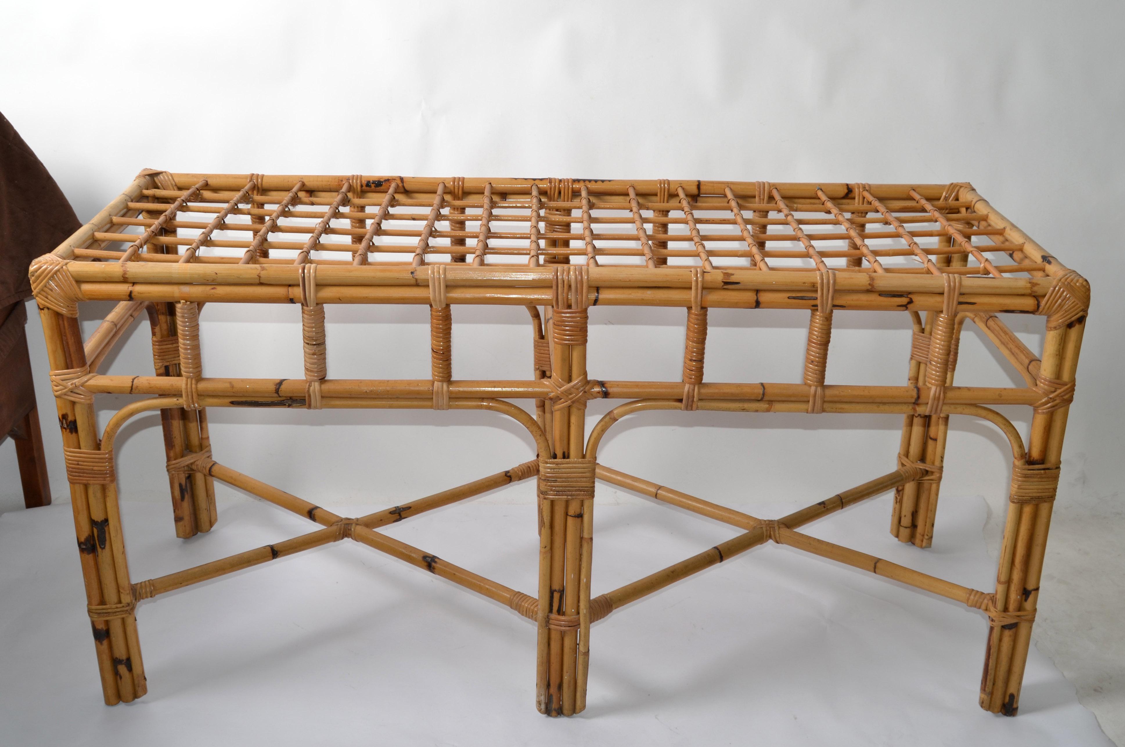 American Mid-Century Modern 6 Legs Bent Bamboo & Rattan Glass Top Console Table  For Sale 6
