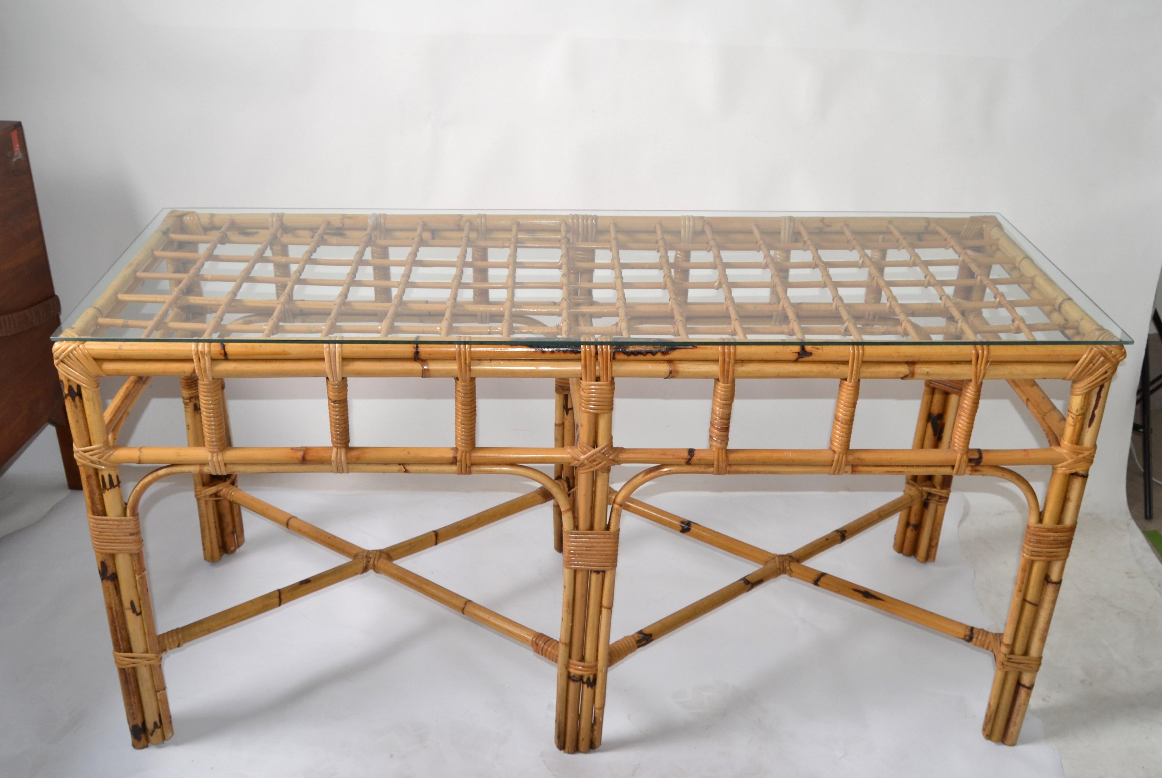 American Mid-Century Modern 6 Legs Bent Bamboo & Rattan Glass Top Console Table  For Sale 8