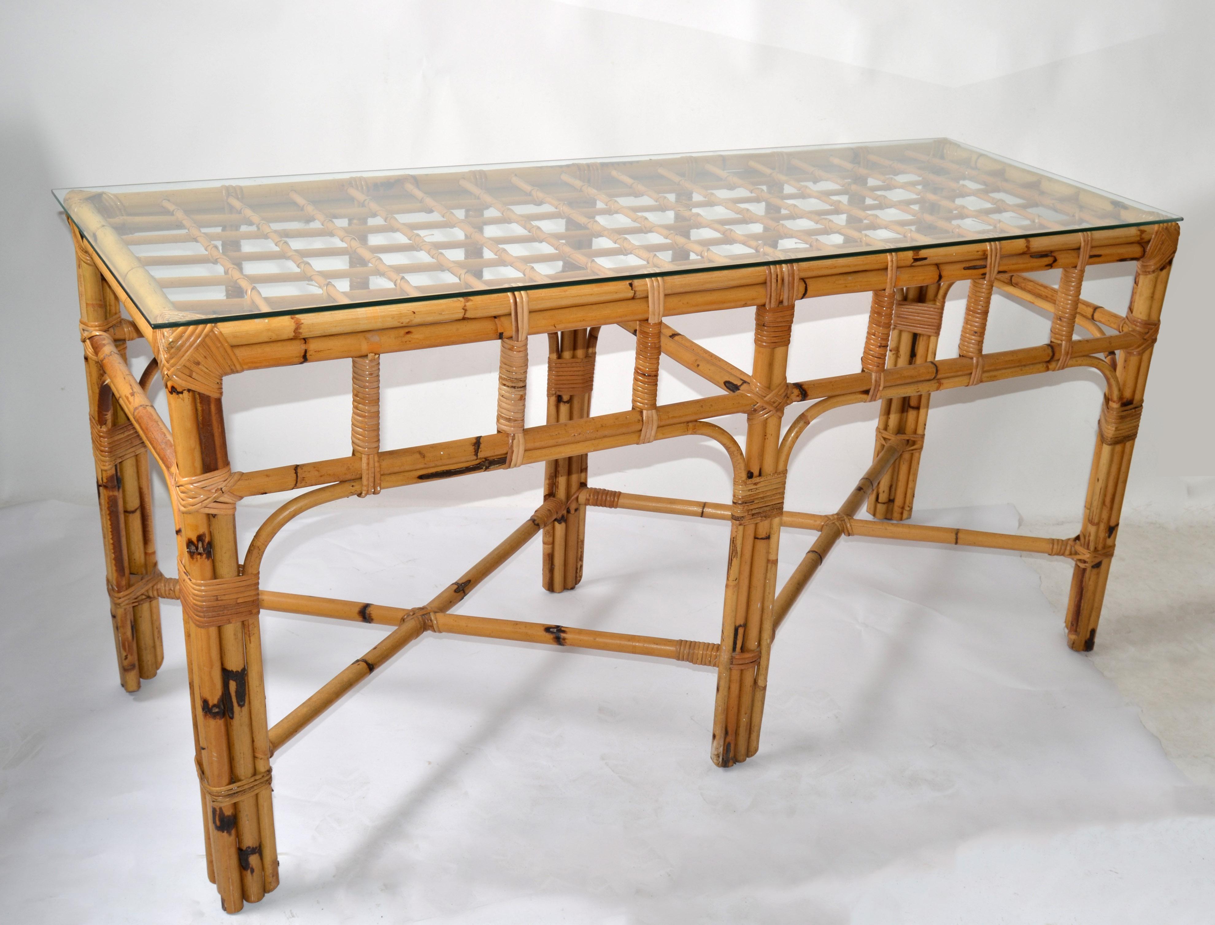 American Mid-Century Modern 6 Legs Bent Bamboo & Rattan Glass Top Console Table  For Sale 10