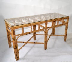 American Mid-Century Modern 6 Legs Bent Bamboo & Rattan Glass Top Console Table