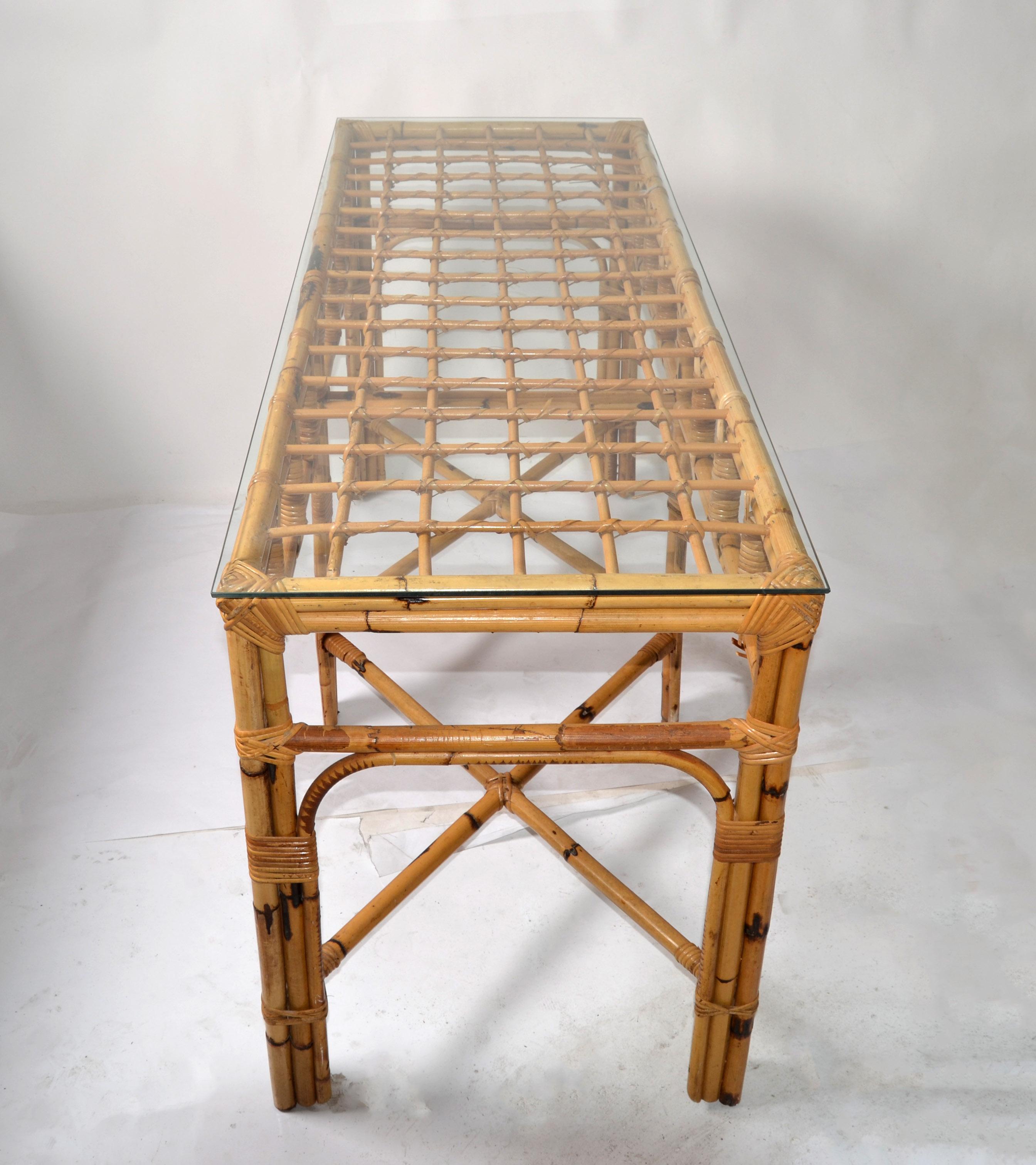 Hand-Crafted American Mid-Century Modern 6 Legs Bent Bamboo & Rattan Glass Top Console Table  For Sale
