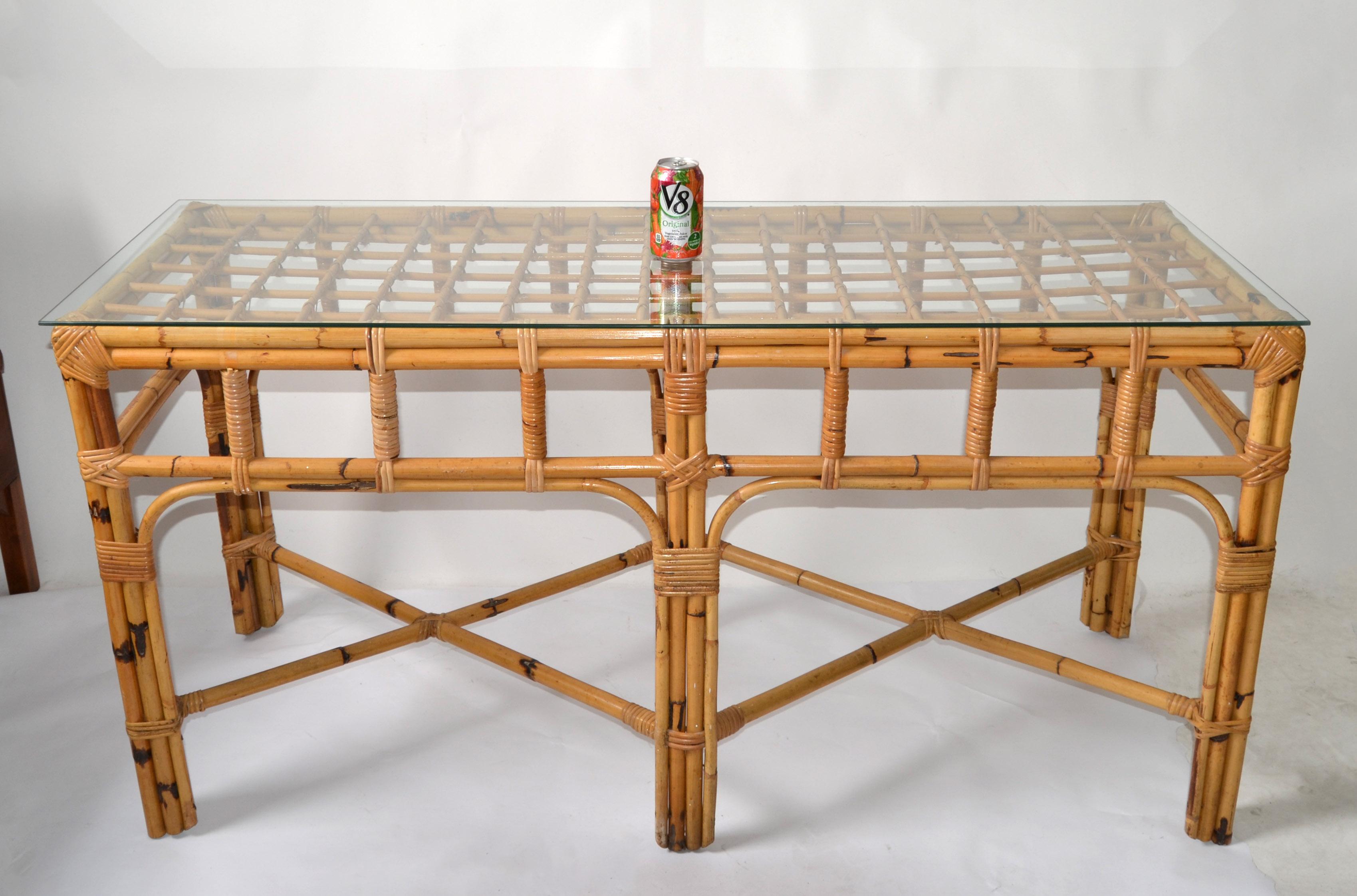American Mid-Century Modern 6 Legs Bent Bamboo & Rattan Glass Top Console Table  In Good Condition For Sale In Miami, FL