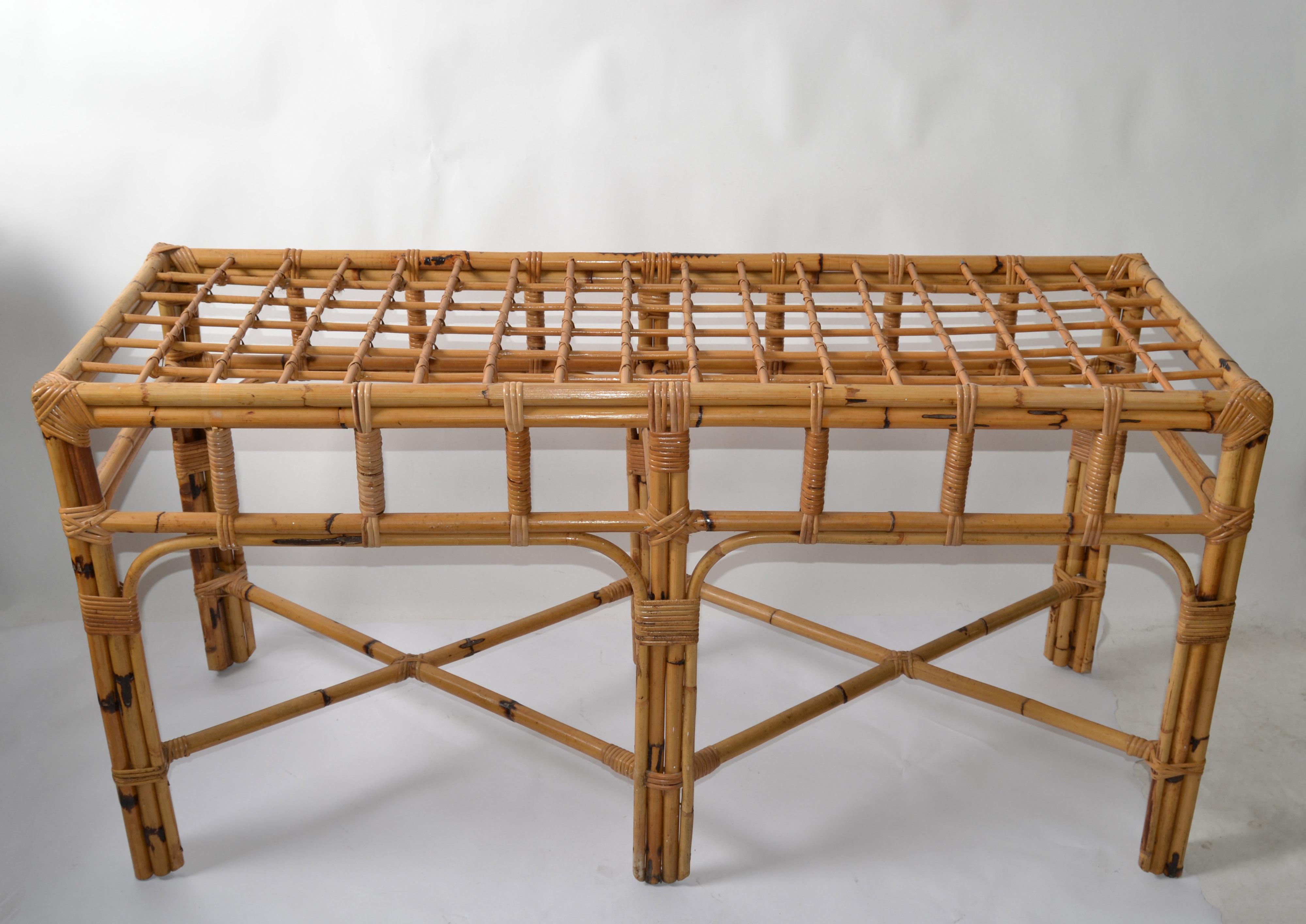20th Century American Mid-Century Modern 6 Legs Bent Bamboo & Rattan Glass Top Console Table  For Sale