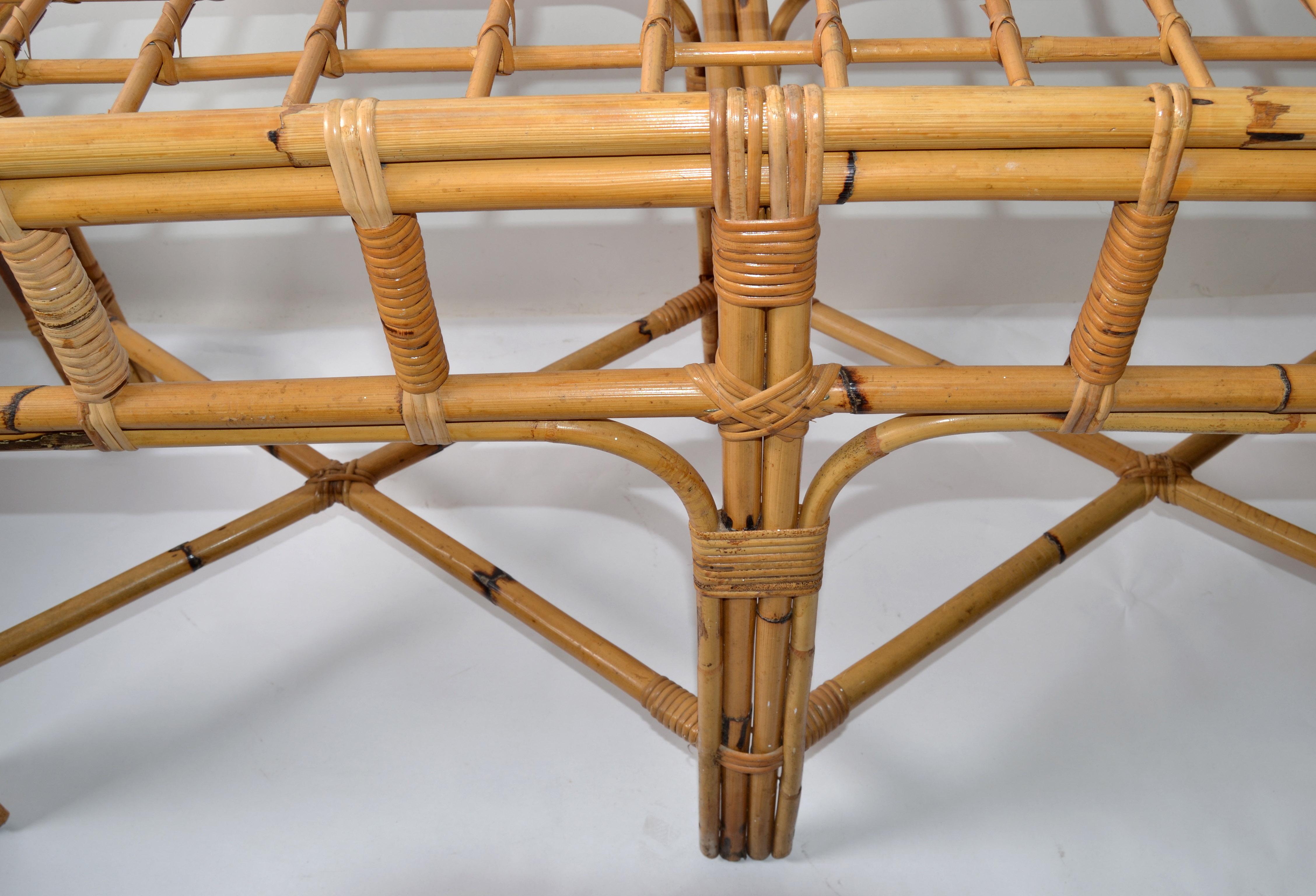 American Mid-Century Modern 6 Legs Bent Bamboo & Rattan Glass Top Console Table  For Sale 2