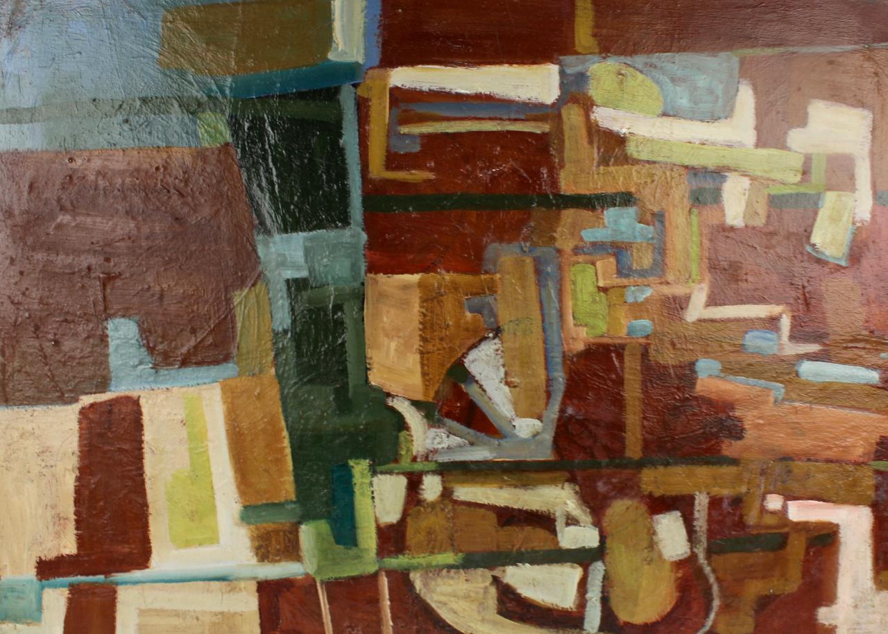 A wonderful midcentury abstract oil on canvas painting.

In the style of Lionel Gilbert or Judith Godwin.

Principally in brown and blue tones in what is likely the original artist's frame.

From an estate in Lexington, Virginia. 

Measures: