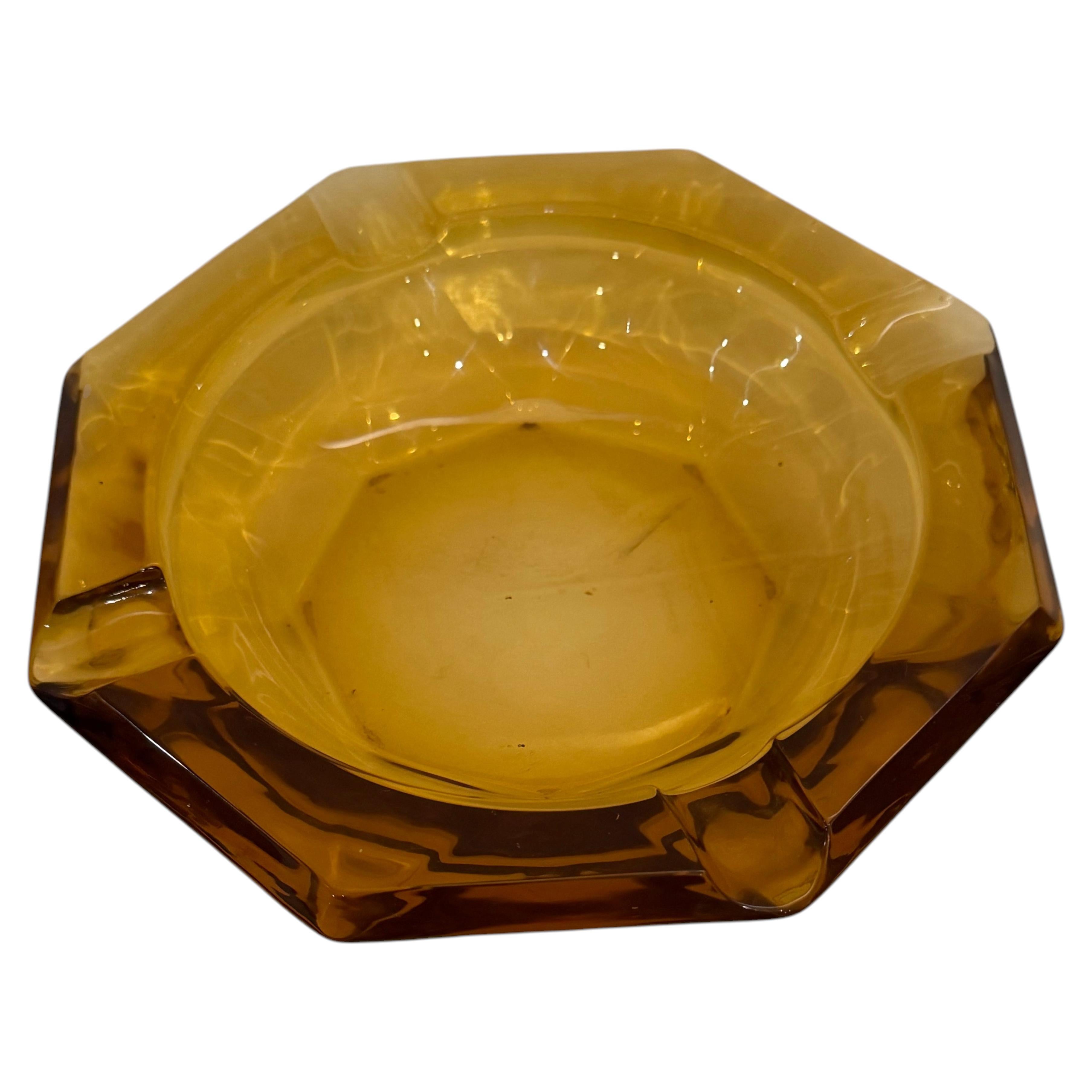 American Mid Century Modern Amber Glass Ashtray Octagon Shape For Sale