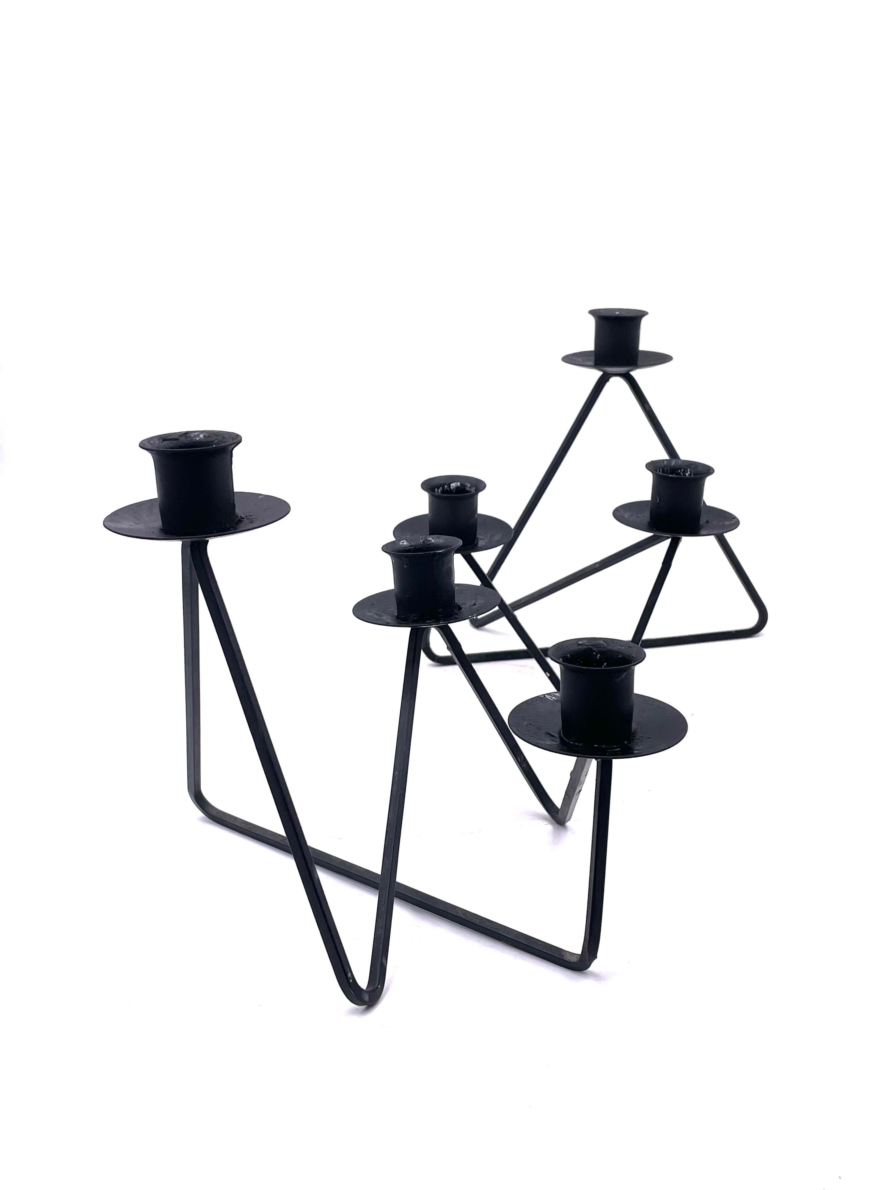 Great simple design on these pair of atomic age welded black enameled metal, striking design circa 1950's.