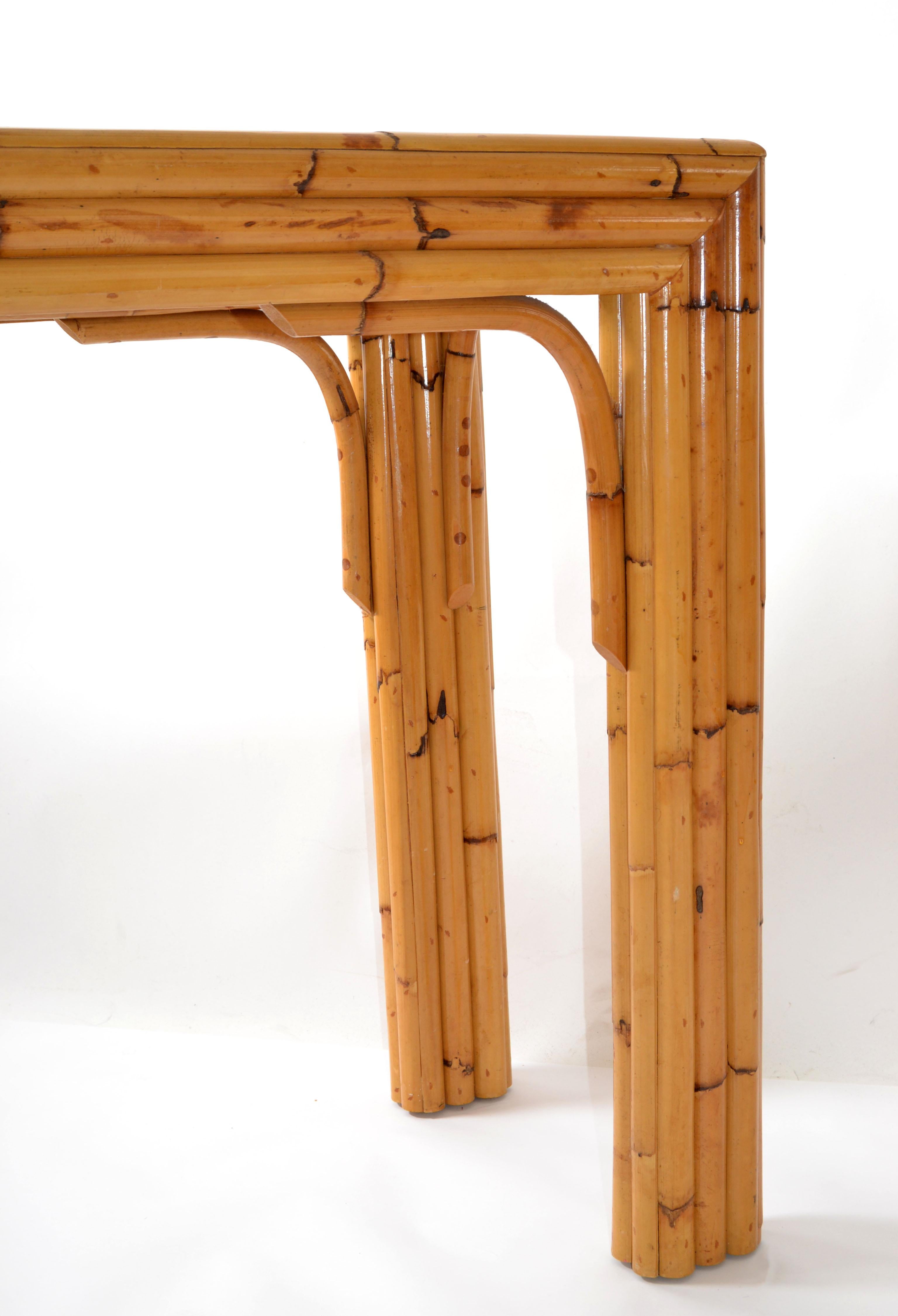 American Mid-Century Modern Bent Bamboo & Rattan Glass Top Console Table  7