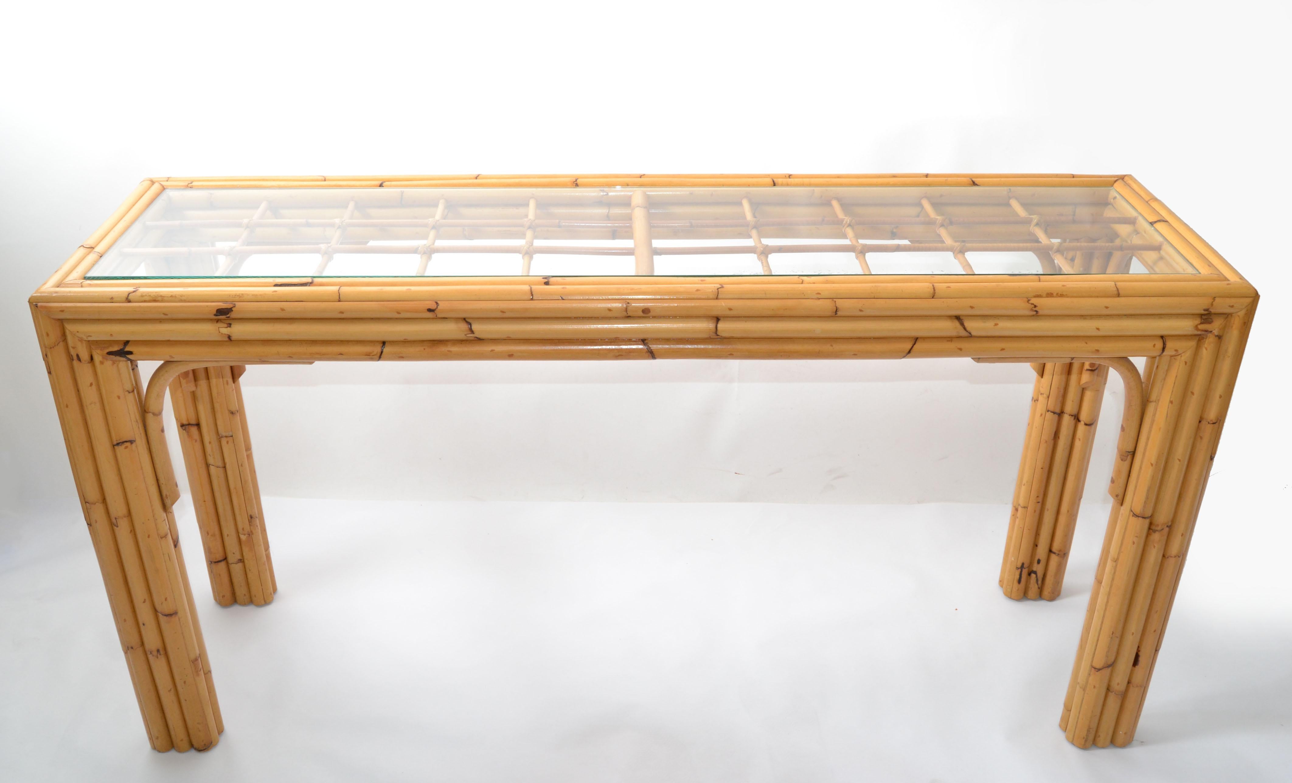 American Mid-Century Modern Bent Bamboo & Rattan Glass Top Console Table  12