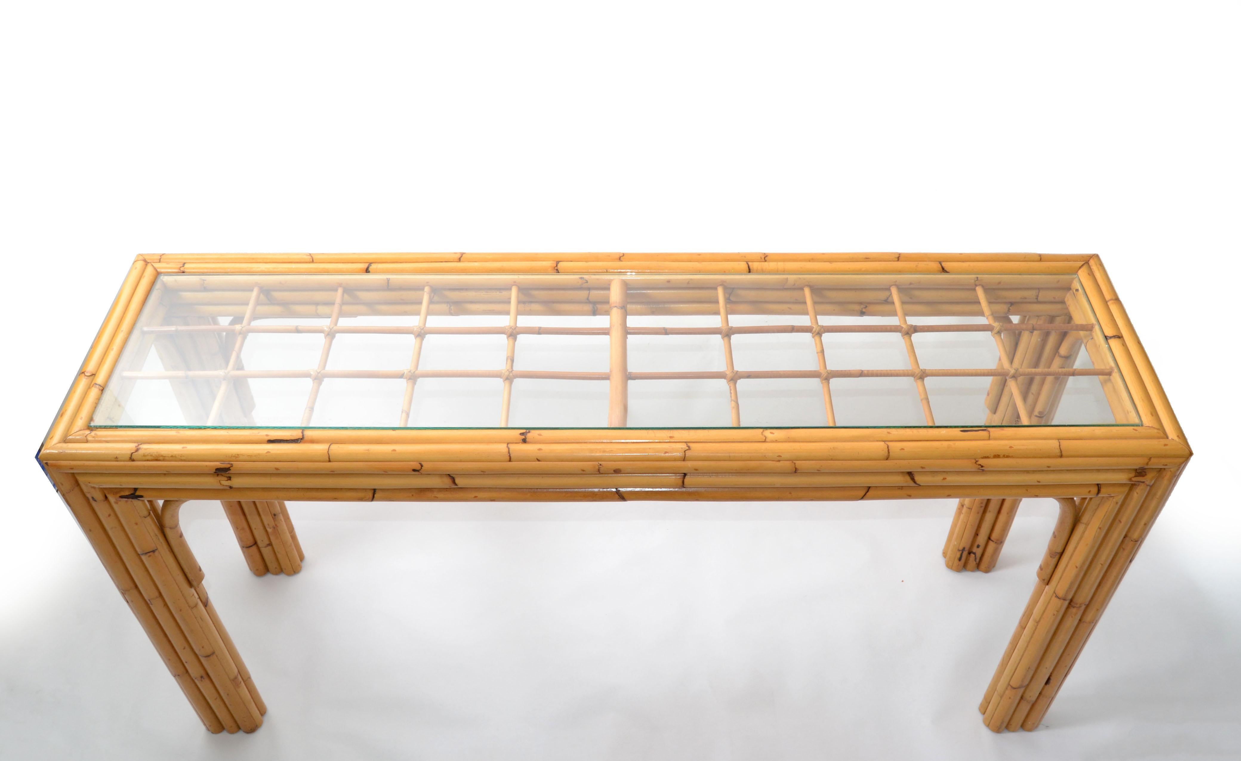 Hand-Crafted American Mid-Century Modern Bent Bamboo & Rattan Glass Top Console Table 