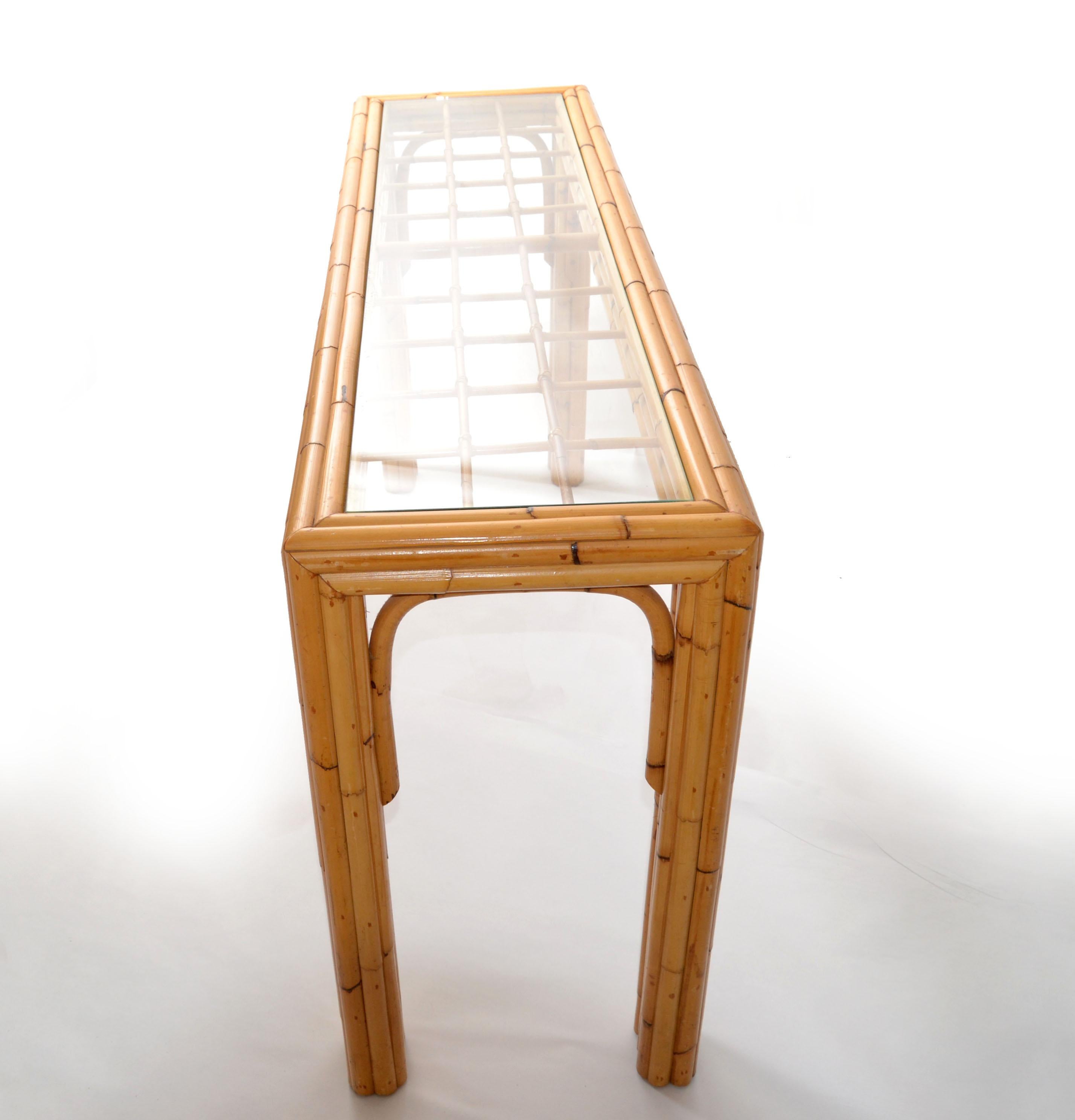 American Mid-Century Modern Bent Bamboo & Rattan Glass Top Console Table  In Good Condition In Miami, FL