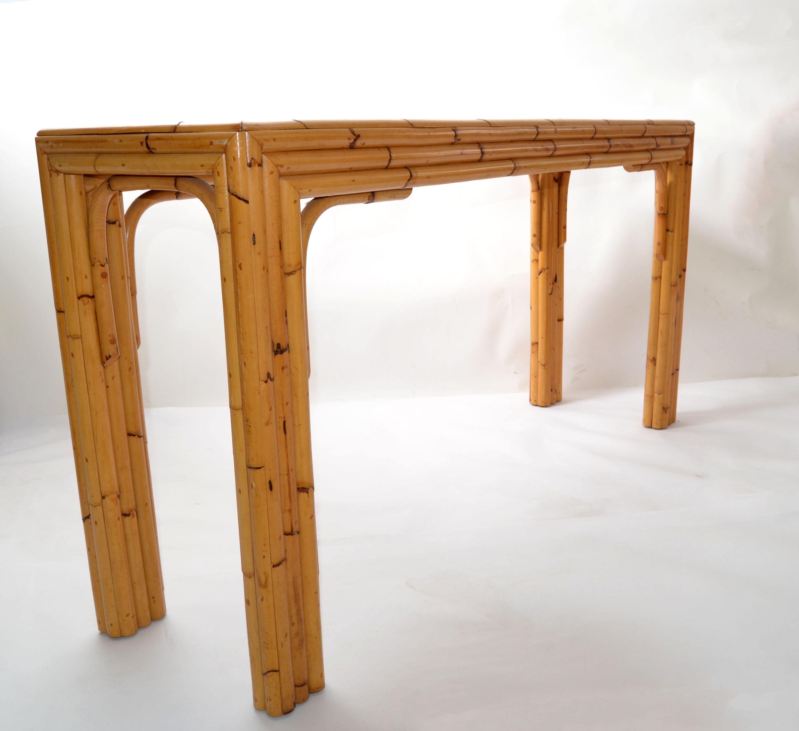 American Mid-Century Modern Bent Bamboo & Rattan Glass Top Console Table  1