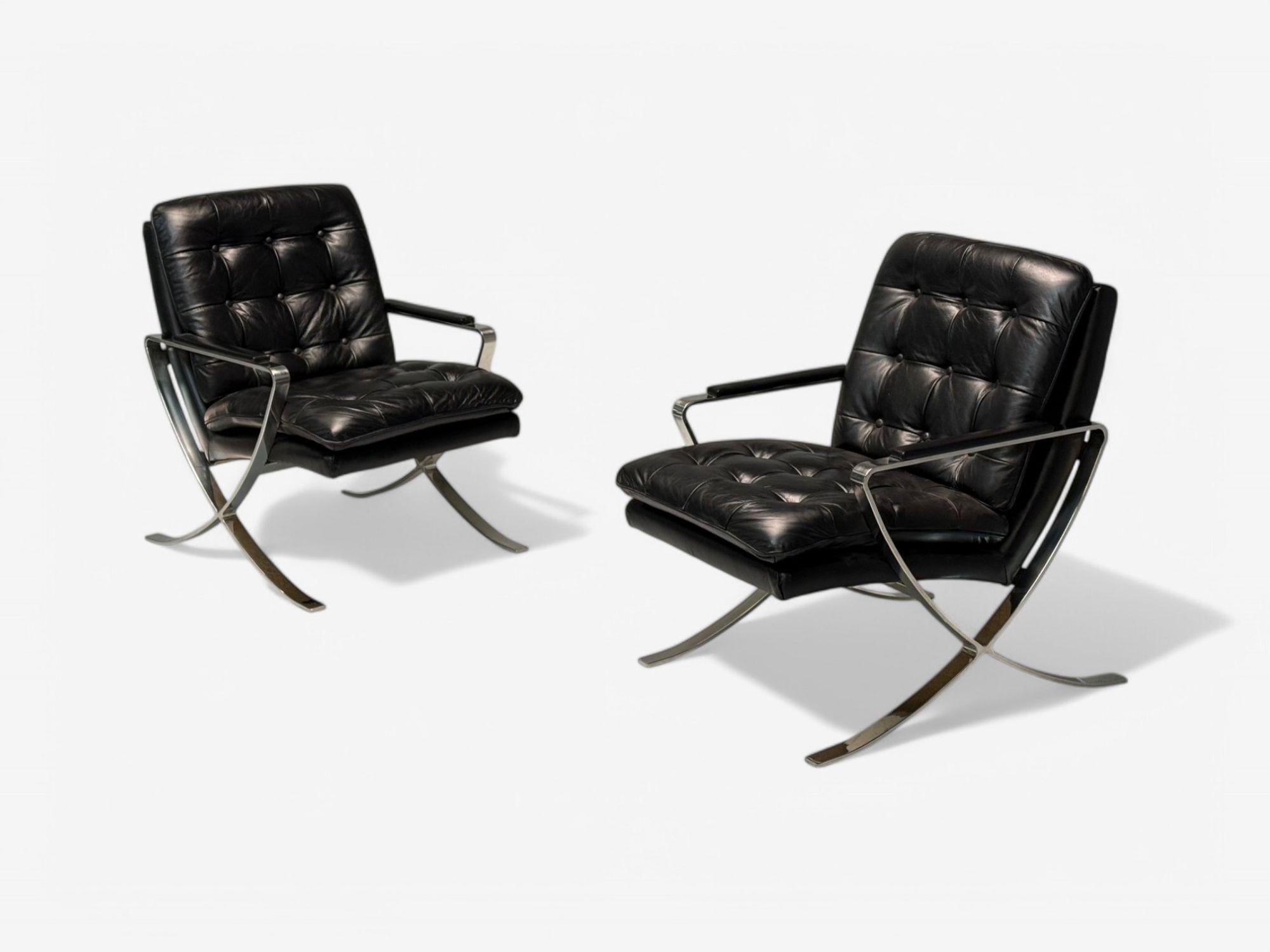 Mid-Century moderno American Mid-Century Modern, Pelle nera, Cromo, Sedie da salotto, USA, anni '80 in vendita