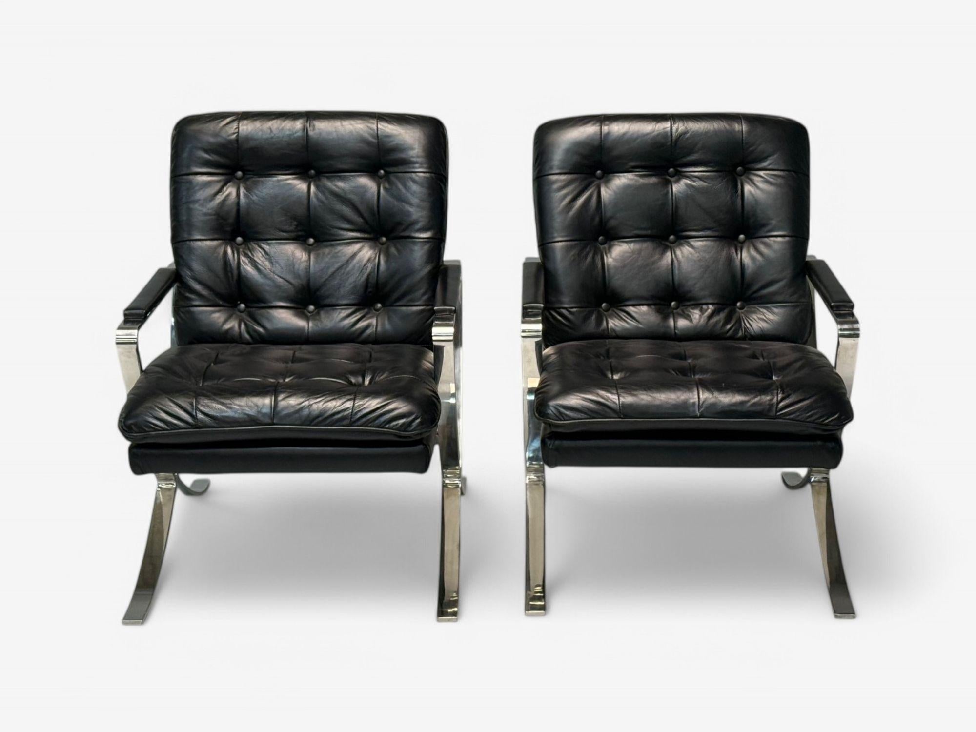 Americano American Mid-Century Modern, Pelle nera, Cromo, Sedie da salotto, USA, anni '80 in vendita