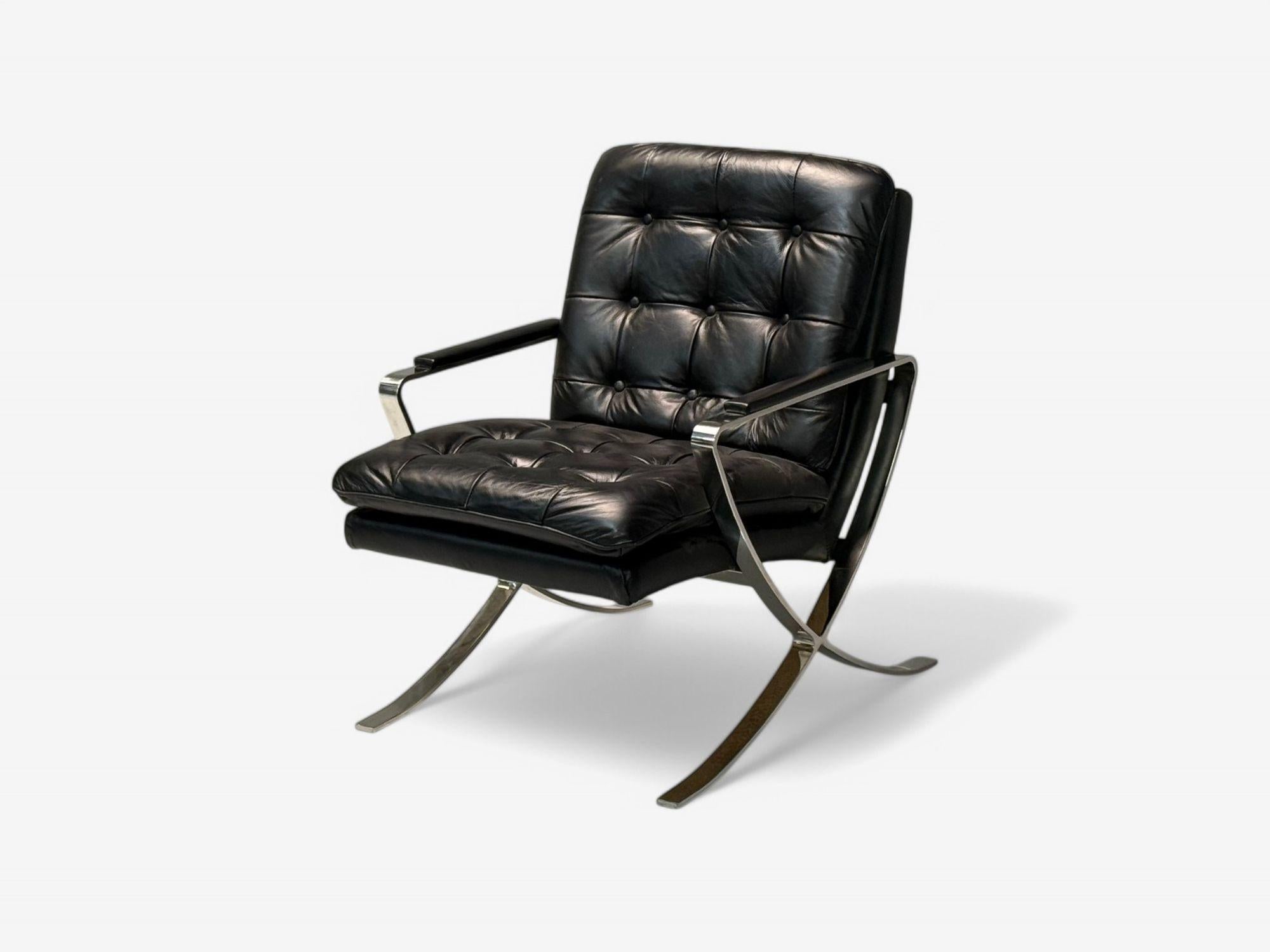 American Mid-Century Modern, Pelle nera, Cromo, Sedie da salotto, USA, anni '80 In condizioni buone in vendita a Manhasset, NY