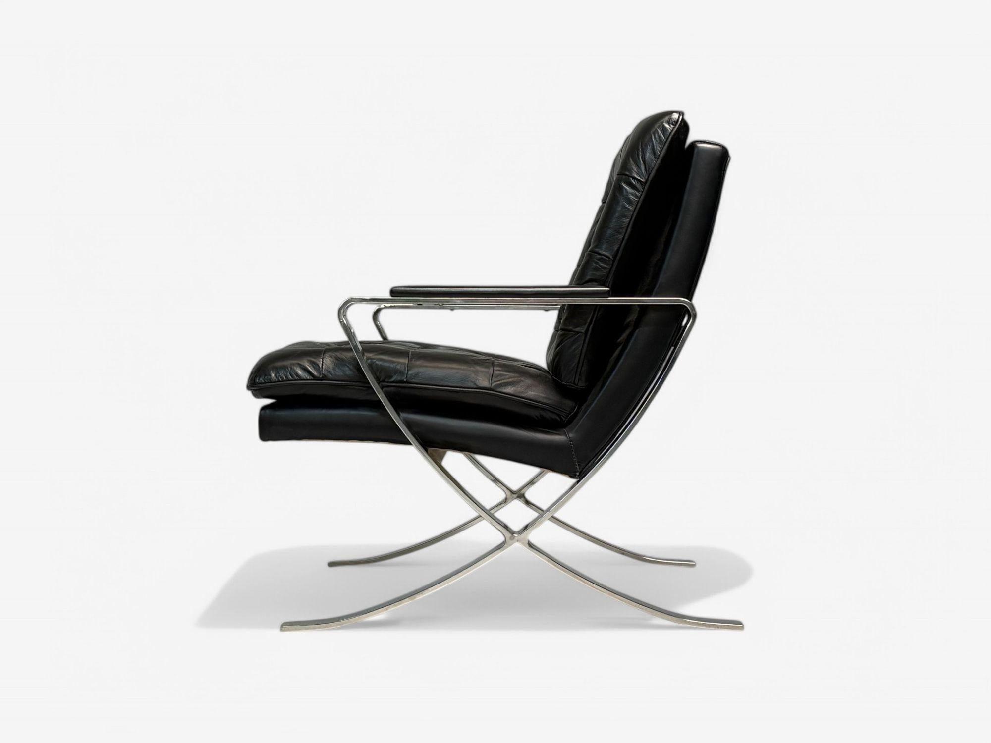 Fine XX secolo American Mid-Century Modern, Pelle nera, Cromo, Sedie da salotto, USA, anni '80 in vendita