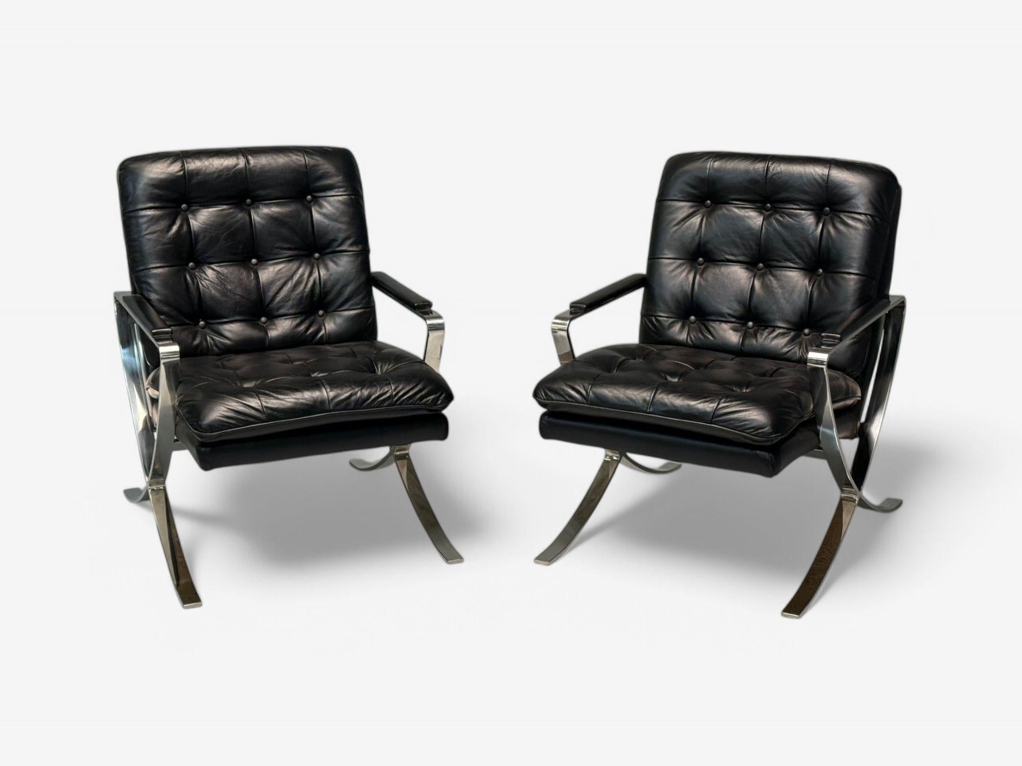 American Mid-Century Modern, Pelle nera, Cromo, Sedie da salotto, USA, anni '80 in vendita 2