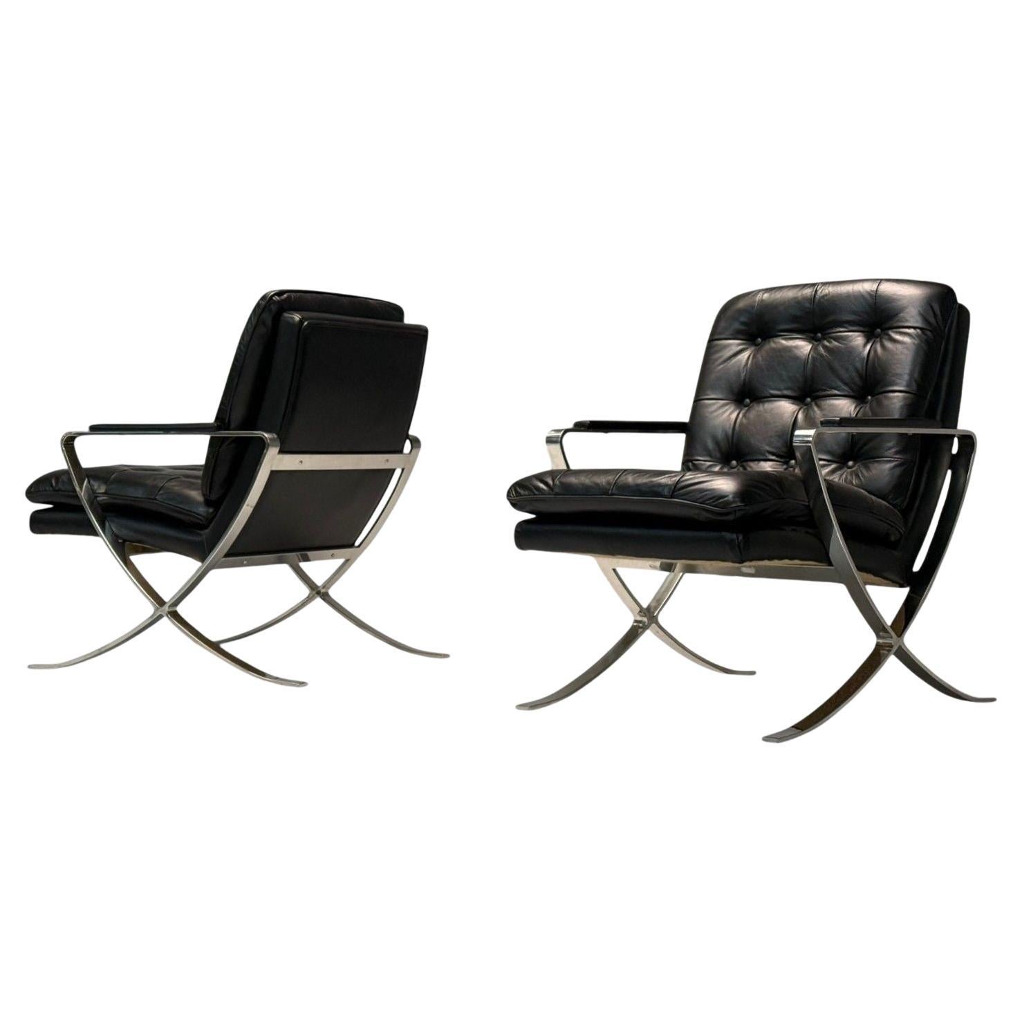 American Mid-Century Modern, Black Leather, Chrome, Lounge Chairs, USA, 1980s