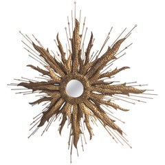 American Mid-Century Modern Brass Brutalist Sunburst Mirror